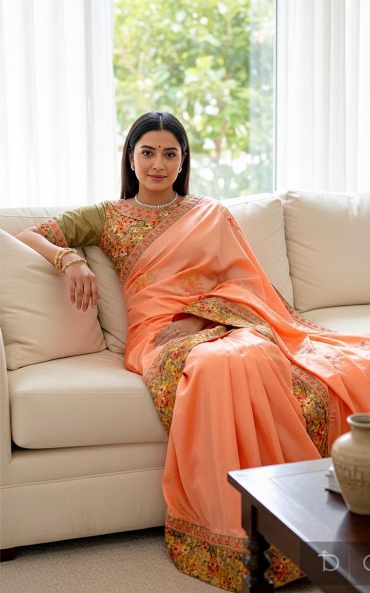 Beautiful Pure Silk Georgette Saree with embroidered blouse and embroidered boarder with ready to wear blouse