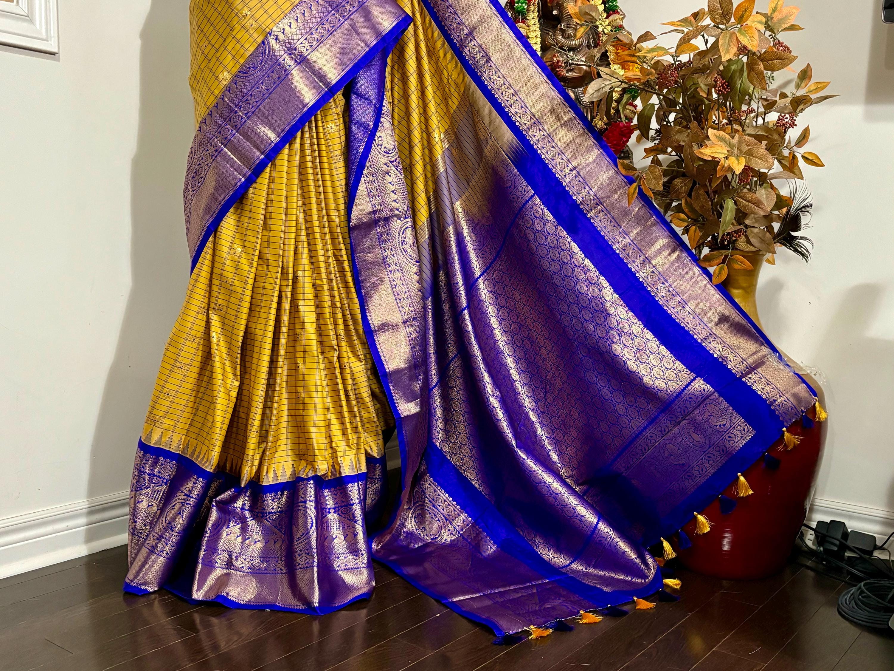 Gadwal Handloom pure silk sarees in rare colors and ready to wear blouse with embroidered blouse fits up to 32 -46 saree is ready fall pico