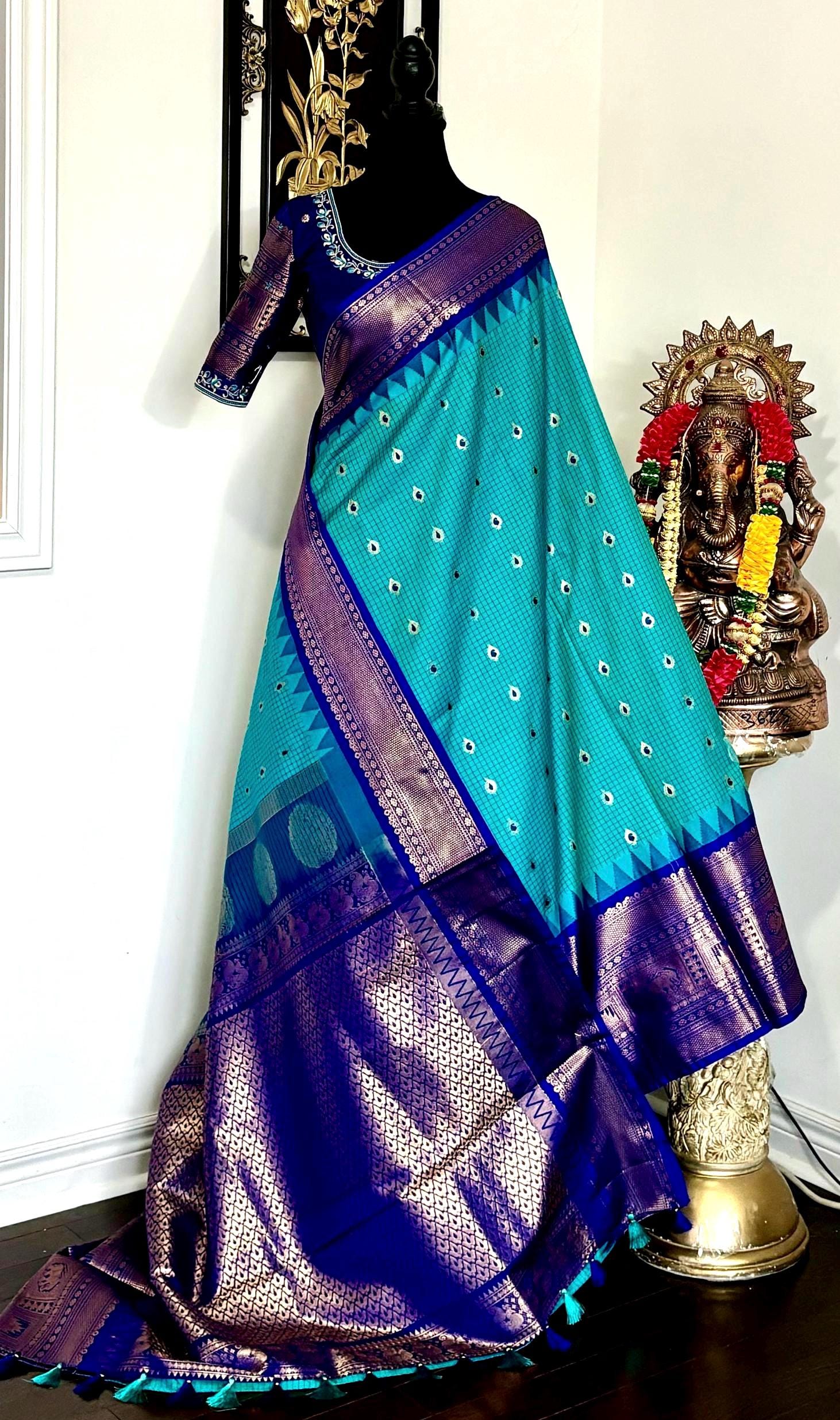 Gadwal Handloom pure silk sarees in rare colors and ready to wear blouse with embroidered blouse fits up to 32 -46 saree is ready fall pico