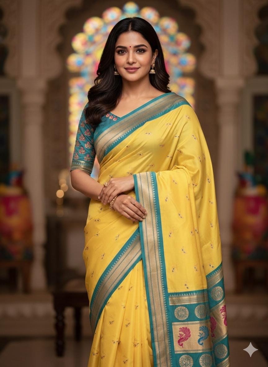 Beautiful pythani pure silk saree with   ready to wear beautiful  work blouse fits up to 32 to 46 Bottle green color, saree is ready to wear