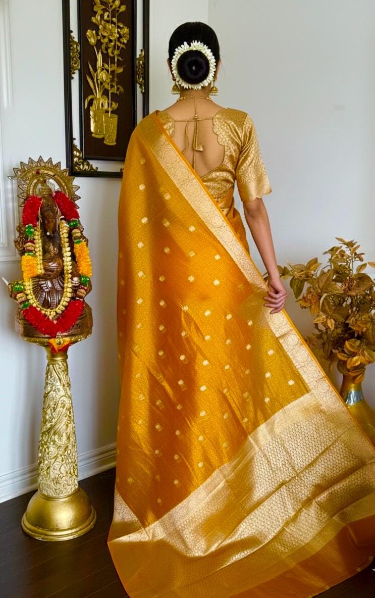 Beautiful party wear cocktail pure silk  banarasi crush tissue  saree paired up with pretty designer Blouse fits 32-46