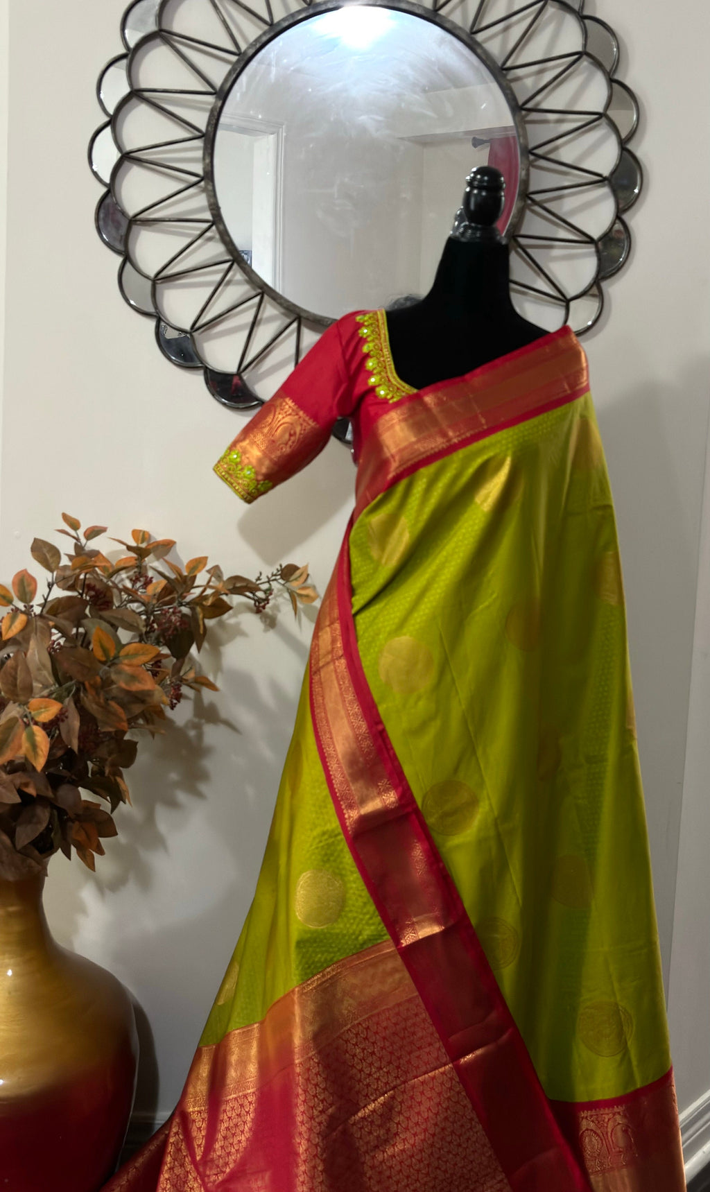 Kanchipuram soft silk saree in rare colors with beautifully done hand  made embroidered blouse with ready to wear work blouse fits 32 to 46