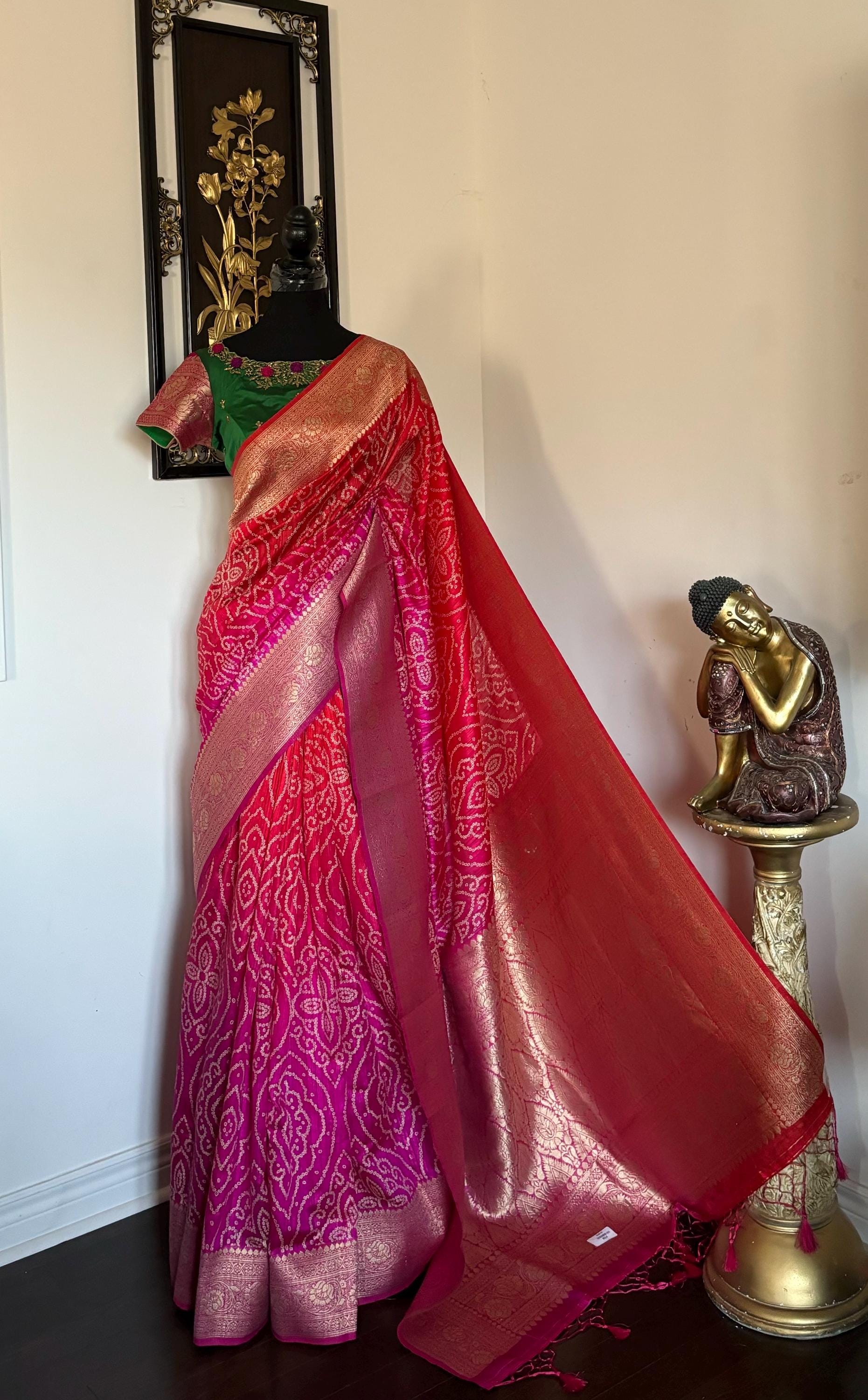 Beautiful cocktail dual shade banarasi  bandhini silk saree paired up pretty maggam blouse fits  sizes 32 -46 ready to wear prettiest blouse