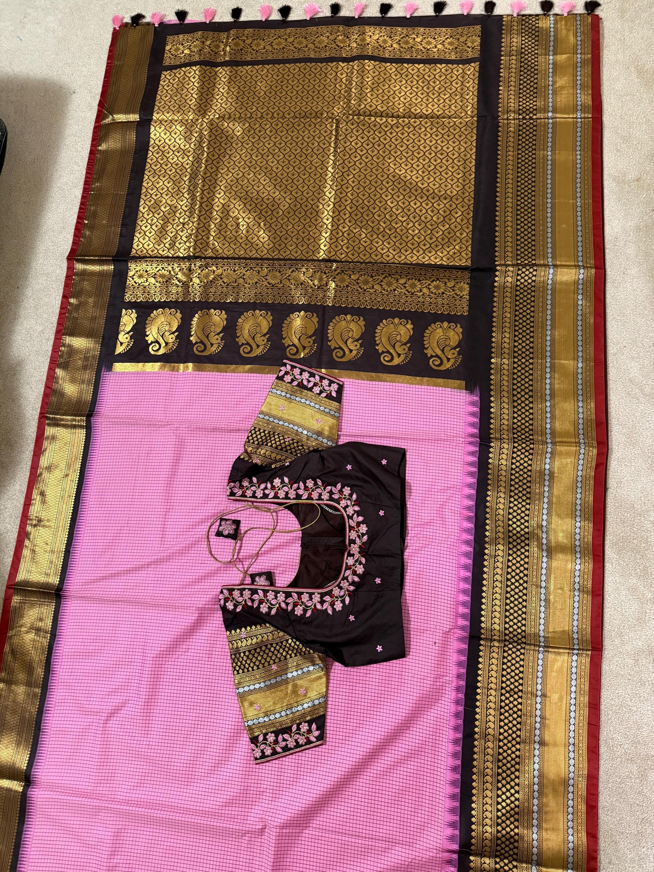 Gadwal Handloom pure silk sarees in rare colors and ready to wear blouse with embroidered blouse fits up to 32 -46 saree is ready fall pico