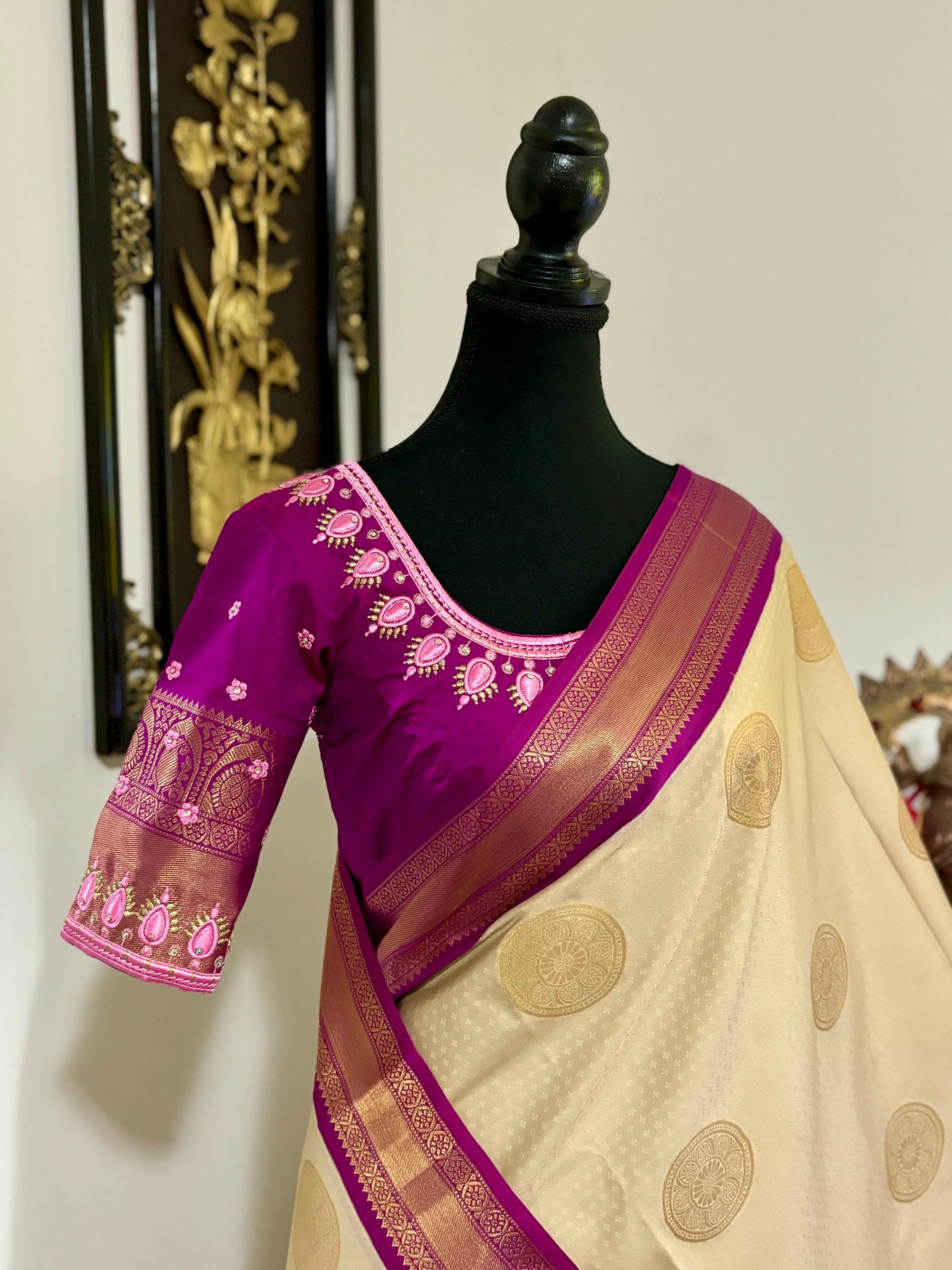 Kanchipuram soft silk saree in rare colors with beautifully done hand  made embroidered blouse with ready to wear work blouse fits 32 to 46
