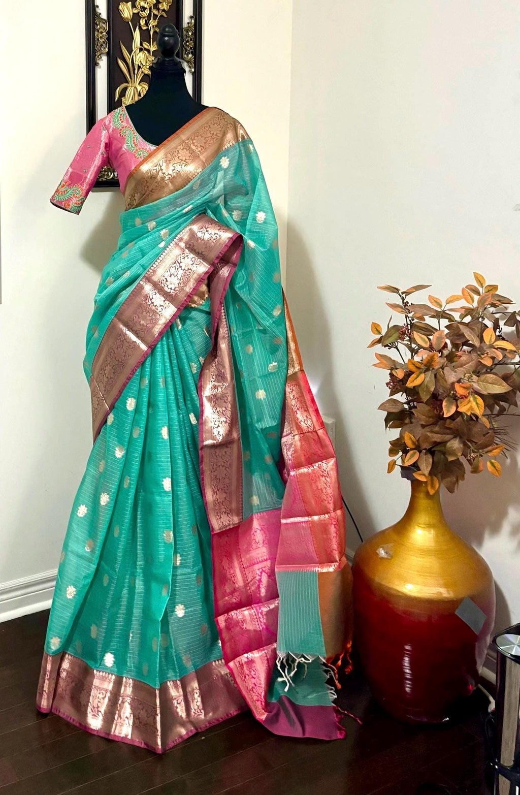 Beautiful Tissue Zari Kota saree with Kanchi  Zari boardes and beautifully done blouse paired up with pretty blouse fits up to 32 to 46