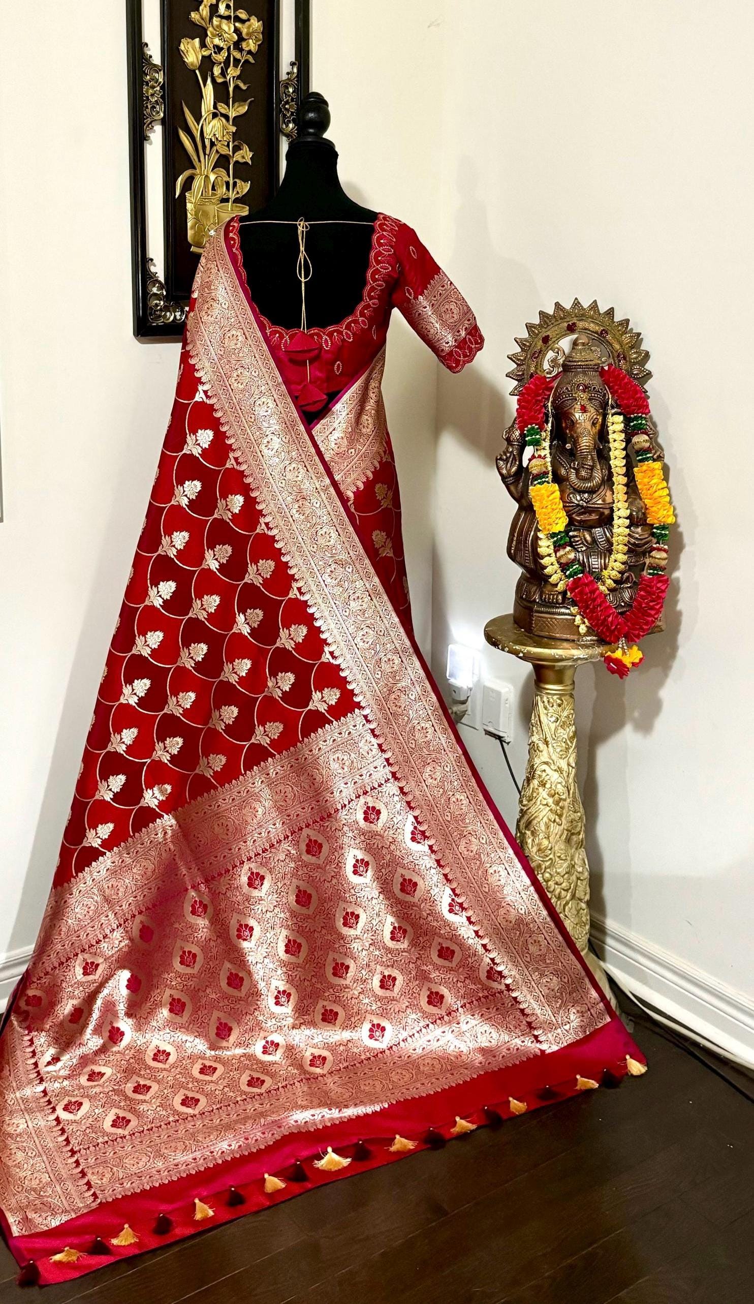 Pure silk  banarasi silk saree paired up with beautiful embroidery blouse fits to 32 to 46 in beautiful rare colors all over jaal. Cocktails