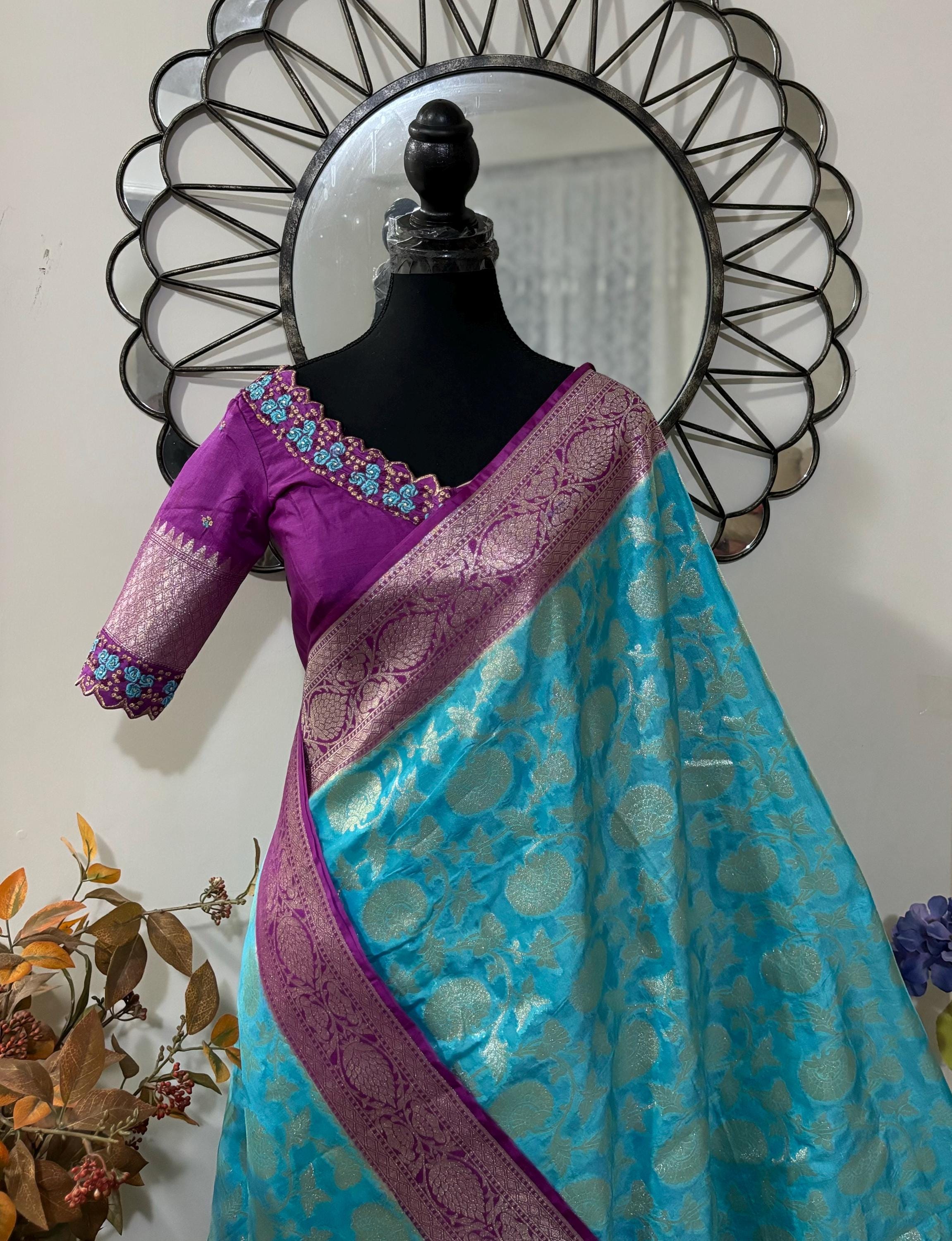 Beautiful banarasi silk saree paired up with beautiful embroidery blouse fits to 32 to 46 in beautiful rare colors all over jaal. Cocktails