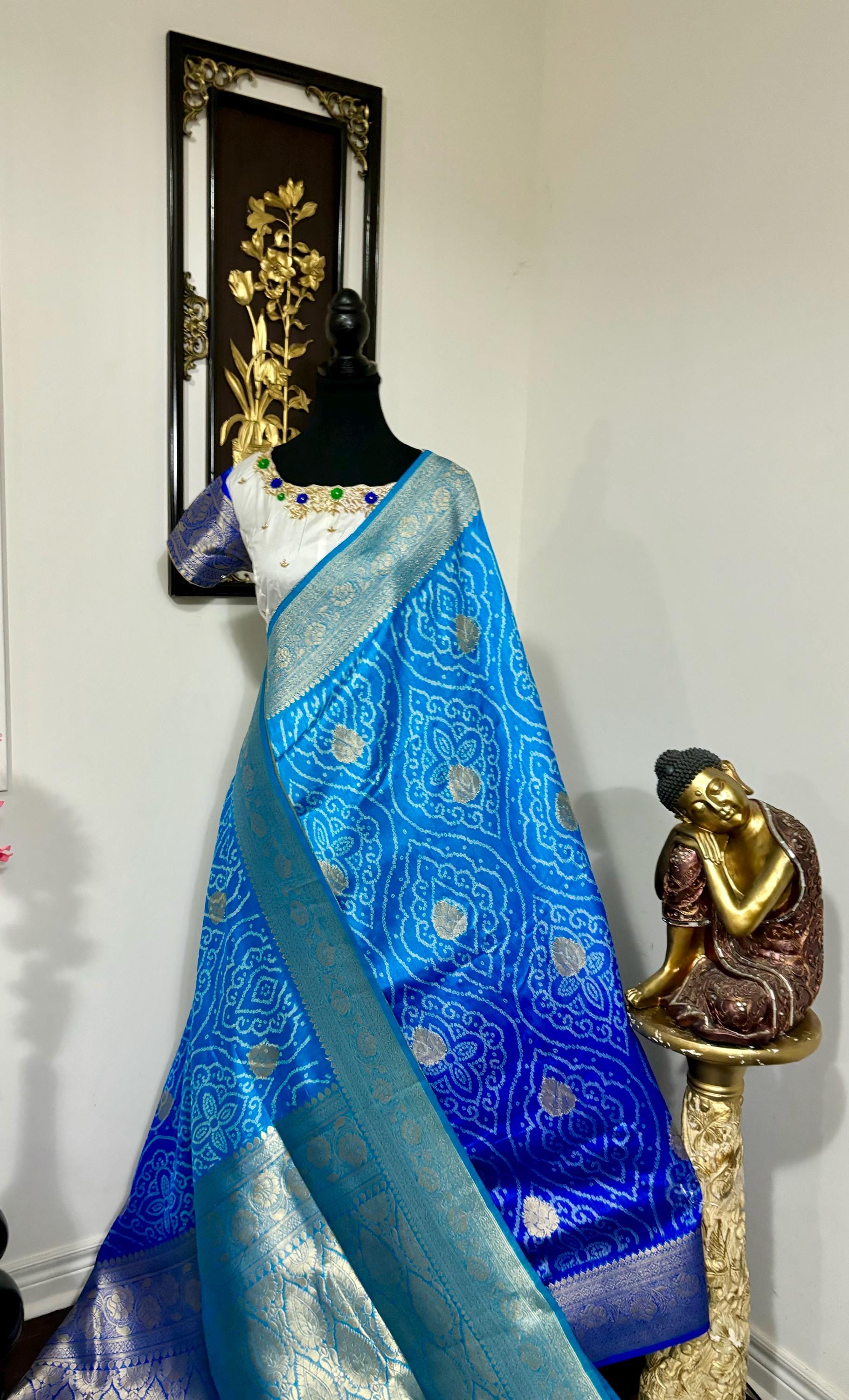 Beautiful cocktail dual shade  bandini silk saree paired up pretty maggam blouse fits  sizes 32 -46 ready to wear prettiest blouse