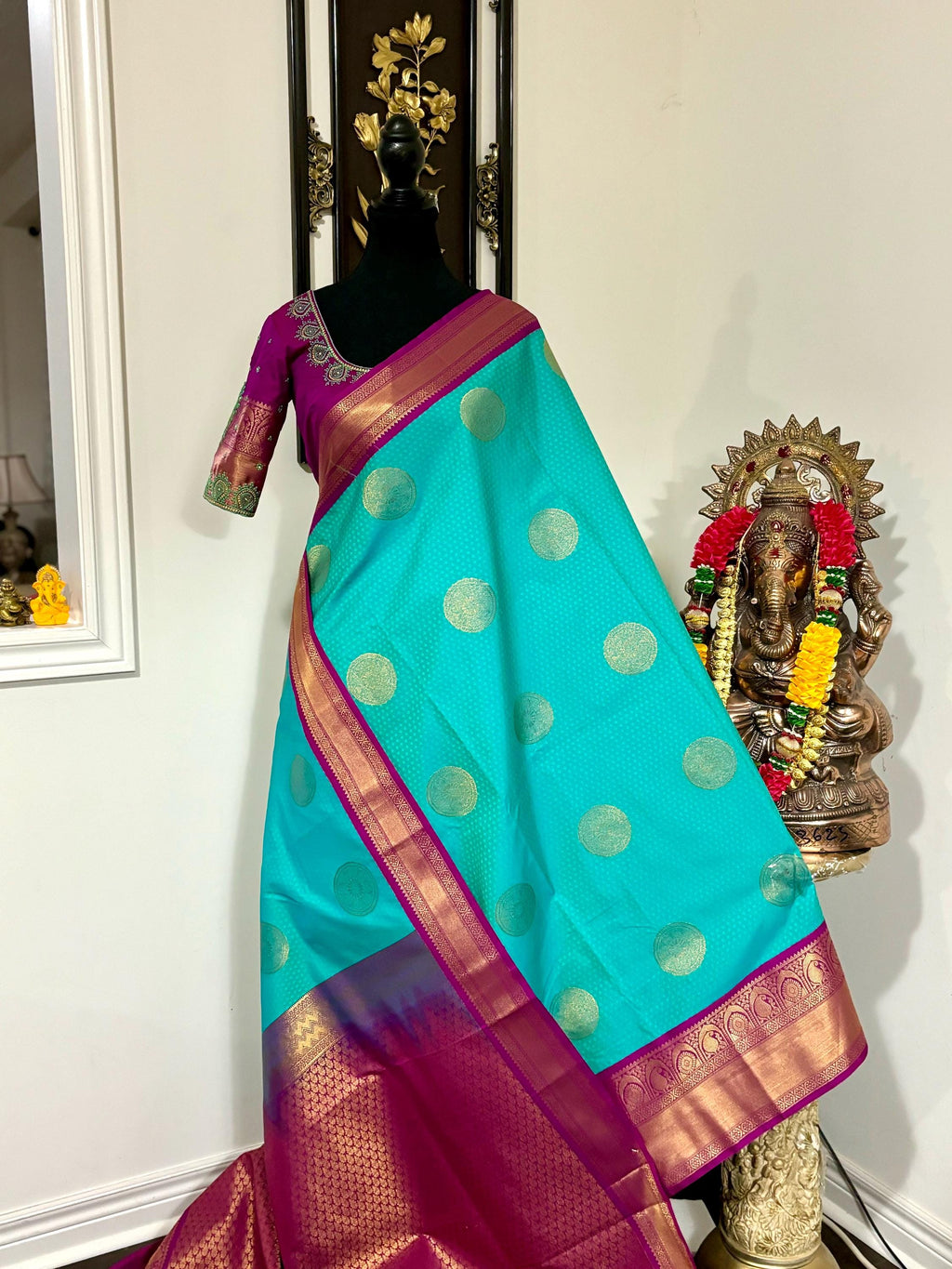 Kanchipuram soft silk saree in rare colors with beautifully done hand  made embroidered blouse with ready to wear work blouse fits 32 to 46