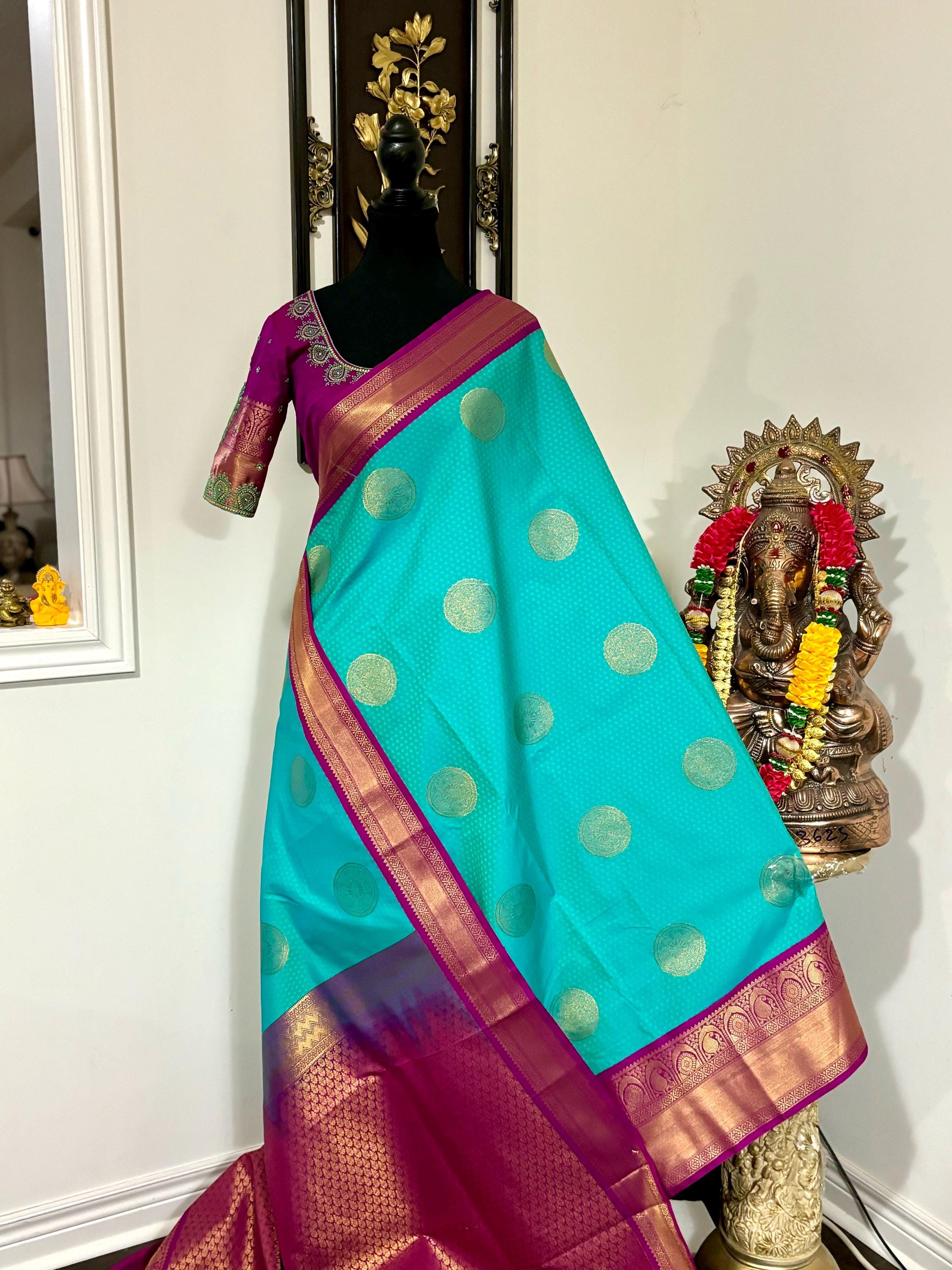 Kanchipuram soft silk saree in rare colors with beautifully done hand  made embroidered blouse with ready to wear work blouse fits 32 to 46