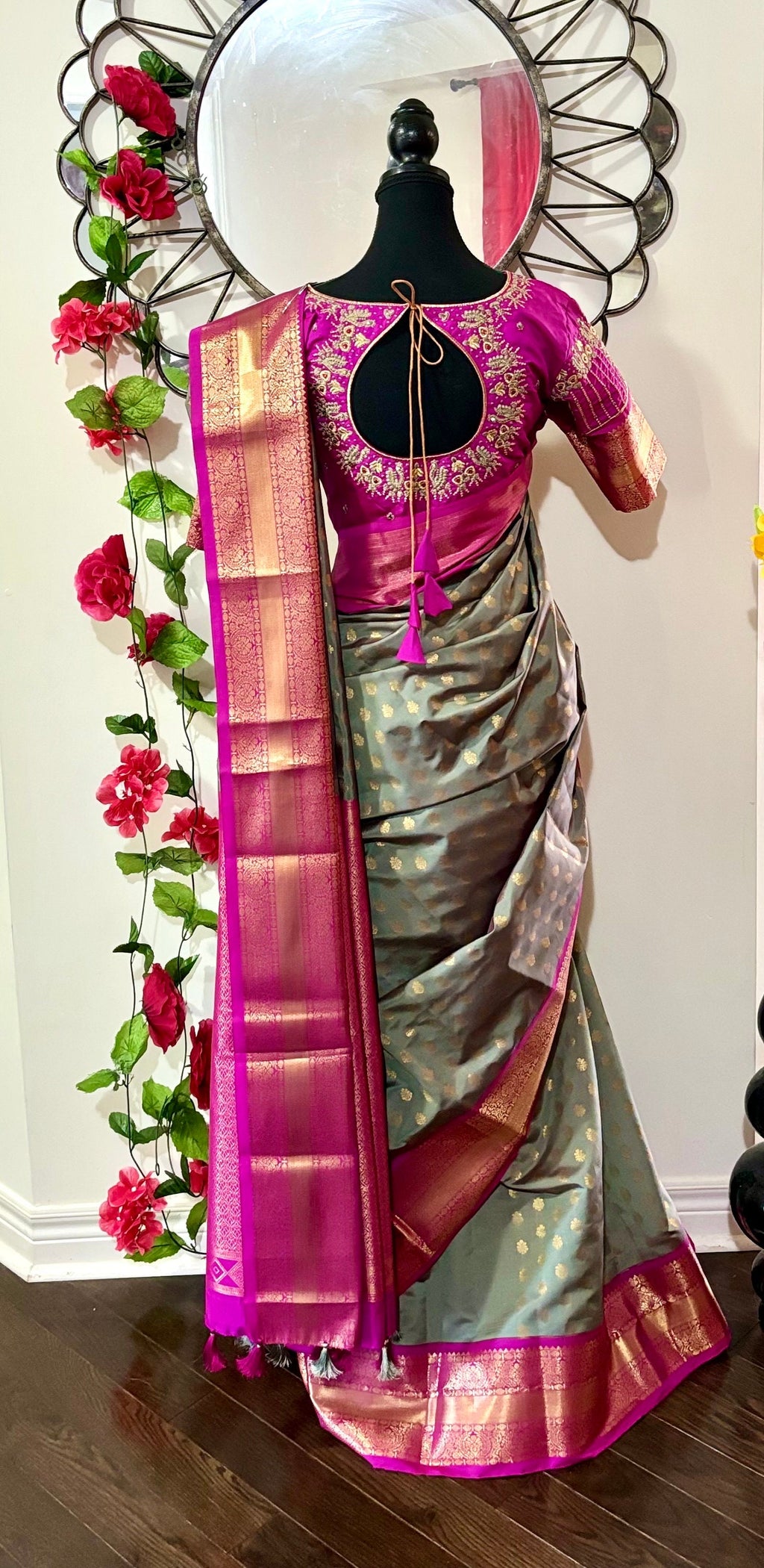 Kanchipuram soft silk saree in rarecolors with beautifully done hand  made embroidered blouse with readytowear work blouse fitsup to32 to 46