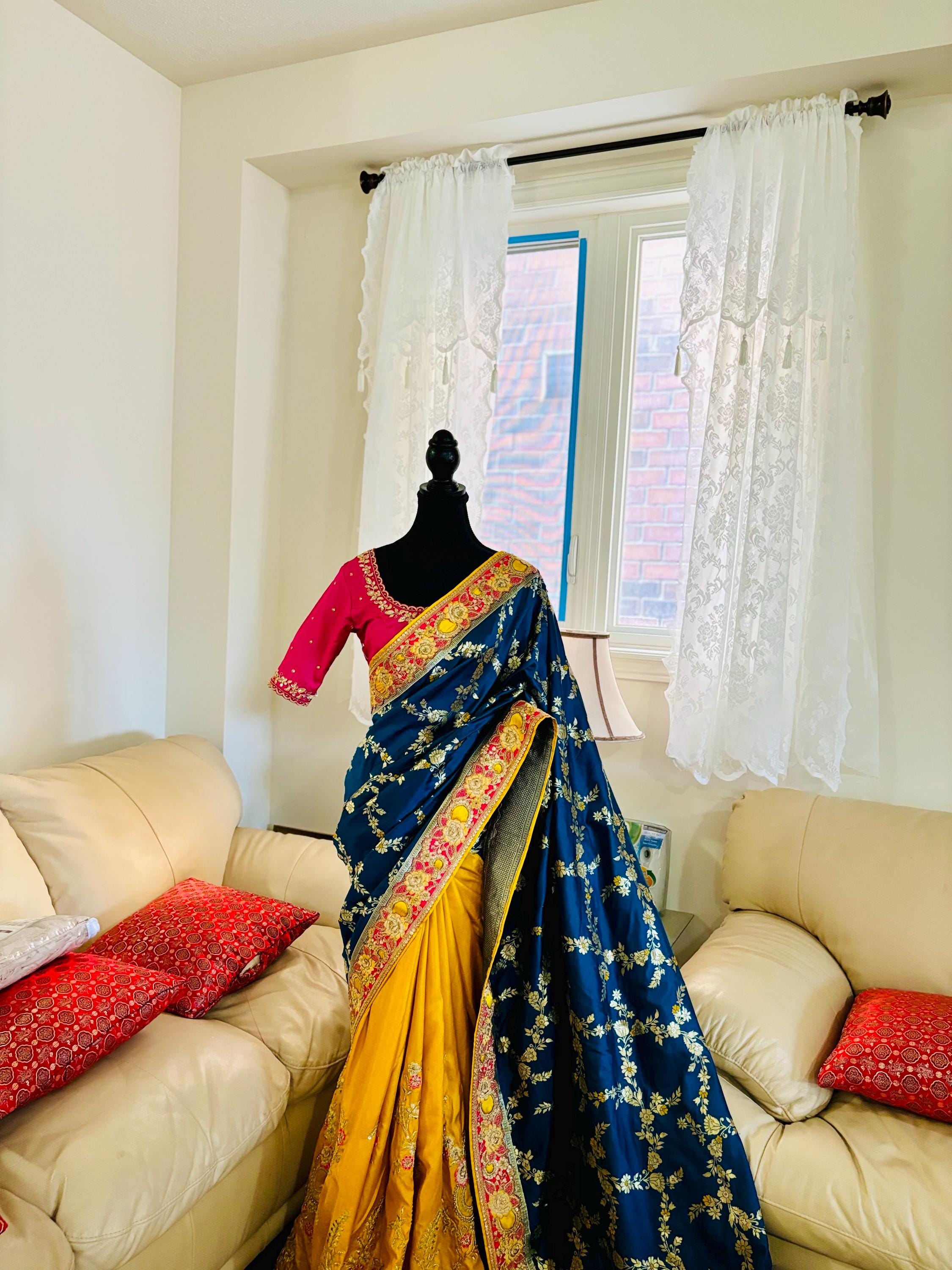 Beautiful party wear cocktail pure silk   Banarasi and Raw mango half and half designer saree paird with pretty maggam blouse 32-40 size