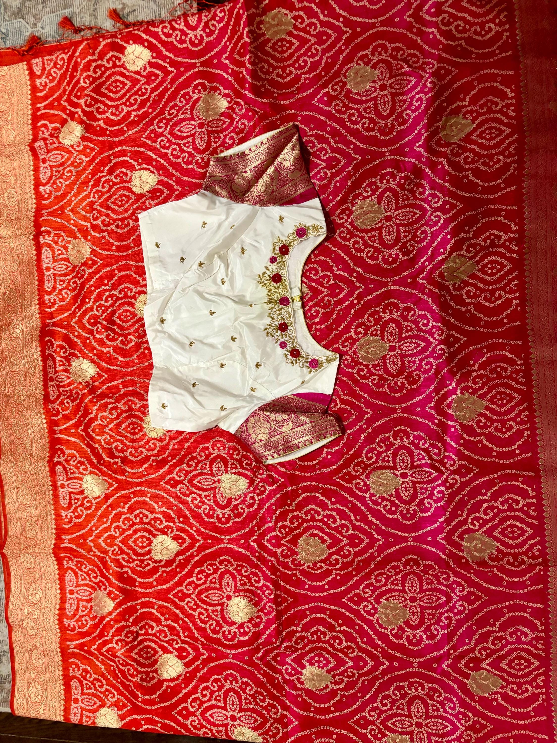 Beautiful cocktail dual shade banarasi  bandhini silk saree paired up pretty maggam blouse fits  sizes 32 -46 ready to wear prettiest blouse