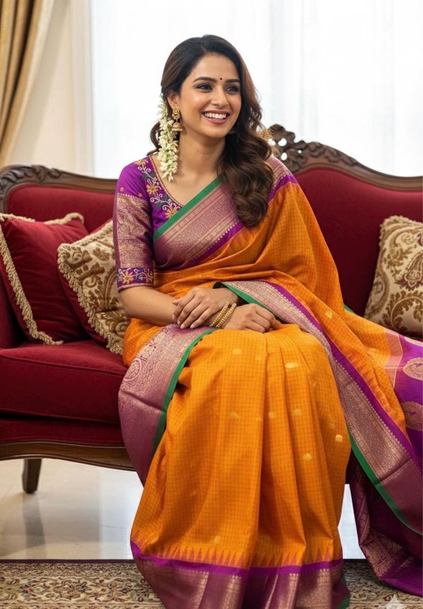 Gadwal Handloom pure silk sarees in Orangish yellow, ready to wear blouse with embroidered blouse fits up to 32 -46 saree is ready fall pico