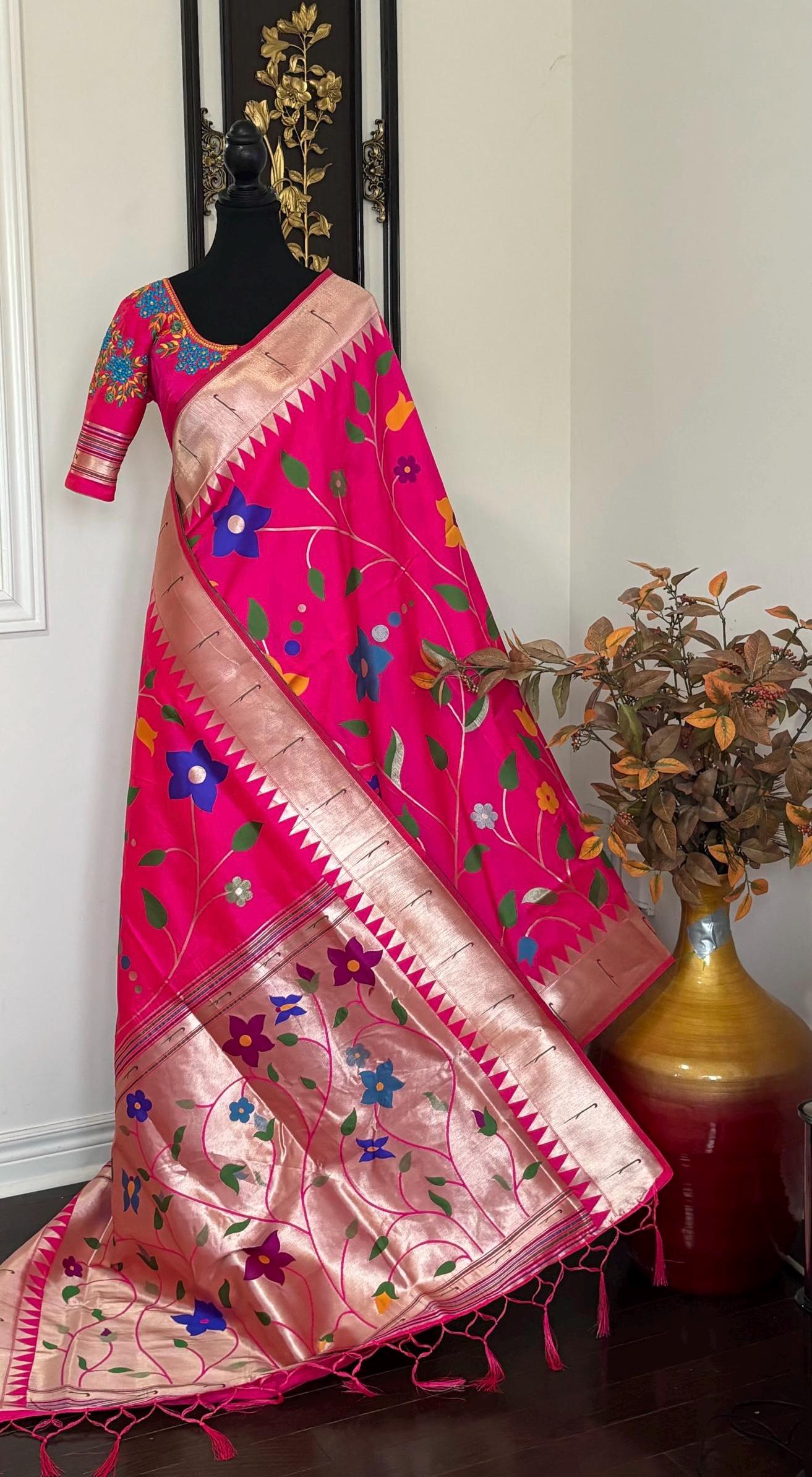 Beautiful pythani pure silk saree with all over floral design  ready to wear Maggam work blouse fit up to 32 to 46