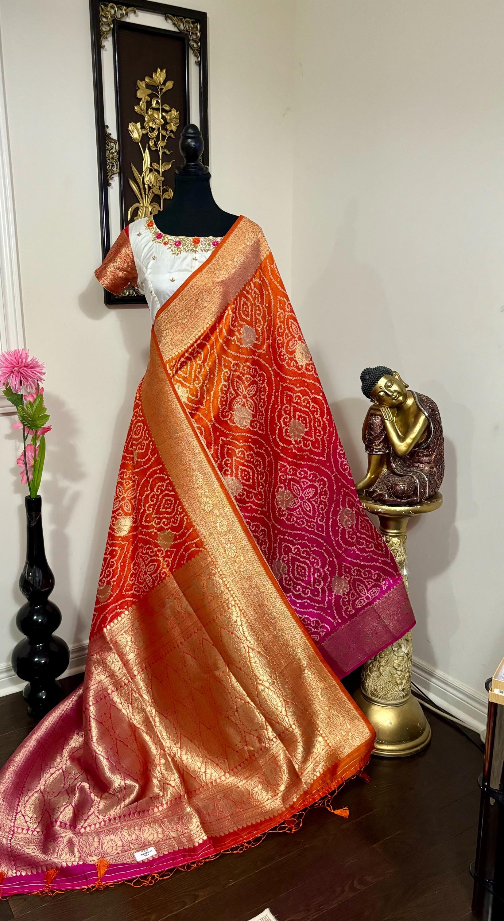 Beautiful cocktail dual shade  bandini silk saree paired up pretty maggam blouse fits  sizes 32 -46 ready to wear prettiest blouse