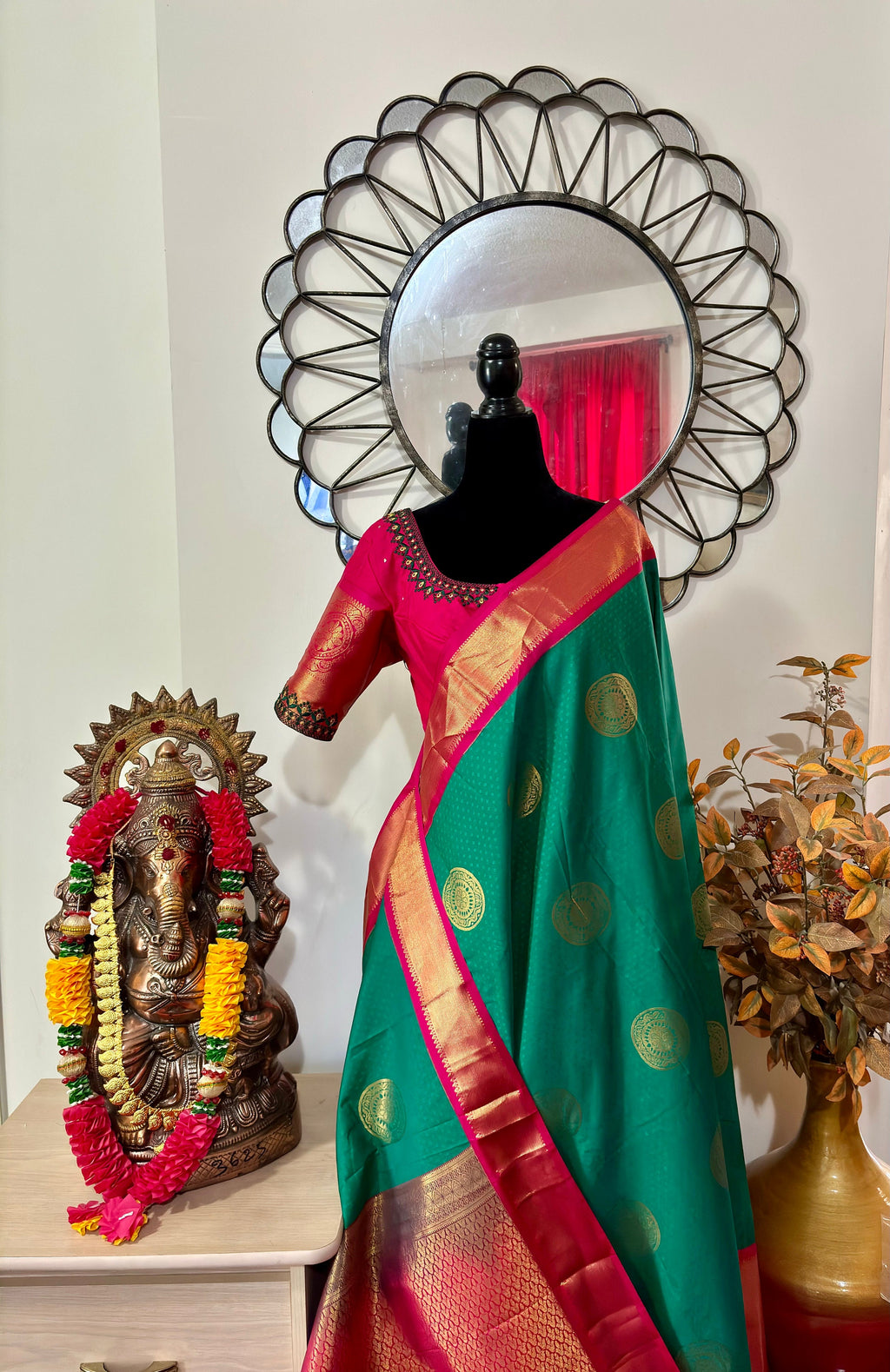 Kanchipuram soft silk saree in rare colors with beautifully done hand  made embroidered blouse with ready to wear work blouse fits 32 to 46