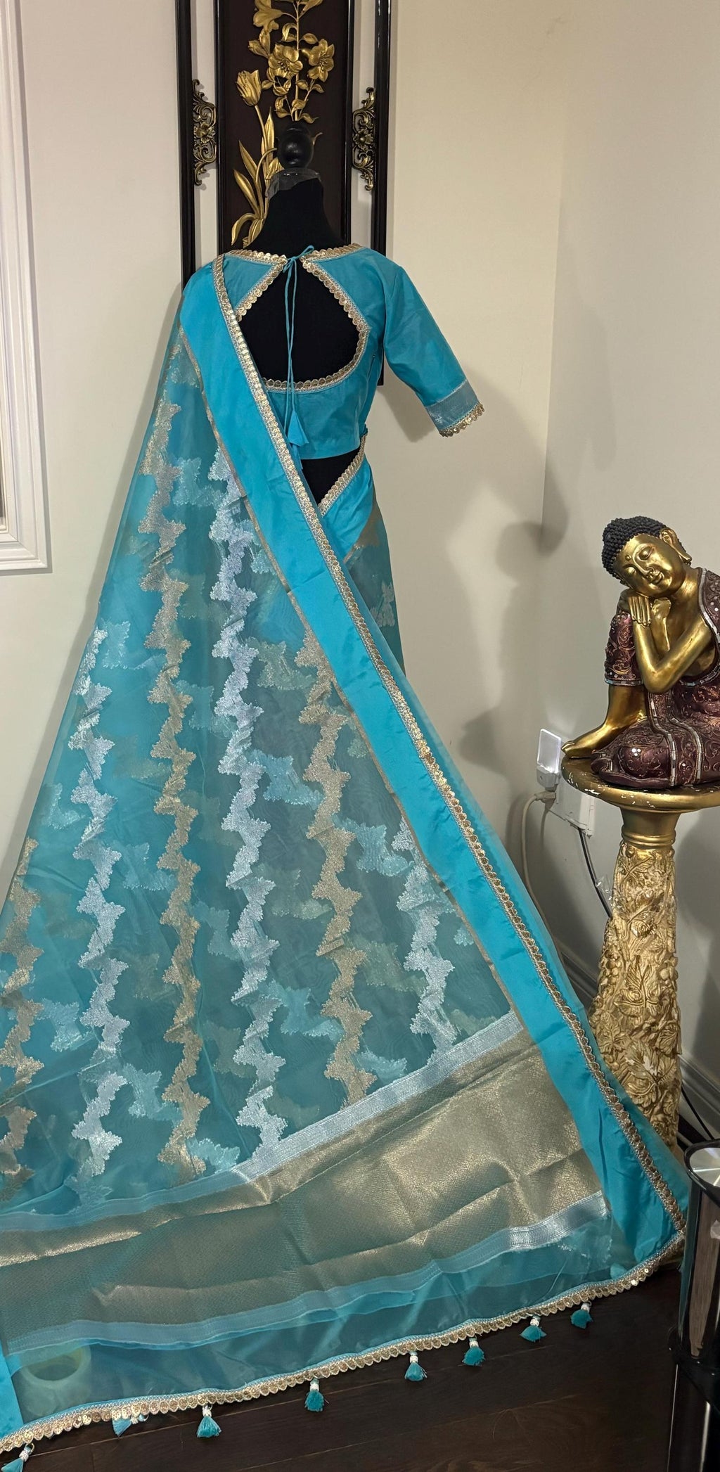 Banarsi fancy beautiful kora organza double zari silk saree very soft ant flowy ready to wear designer blouse fits 32-46  eye cooling shades