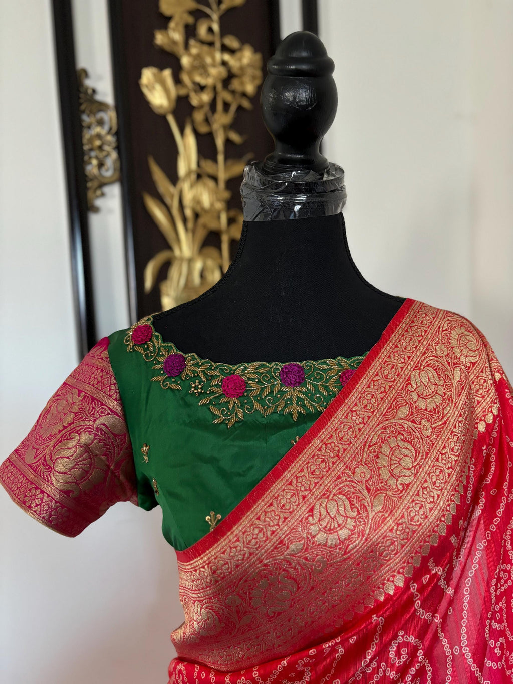 Beautiful cocktail dual shade banarasi  bandhini silk saree paired up pretty maggam blouse fits  sizes 32 -46 ready to wear prettiest blouse