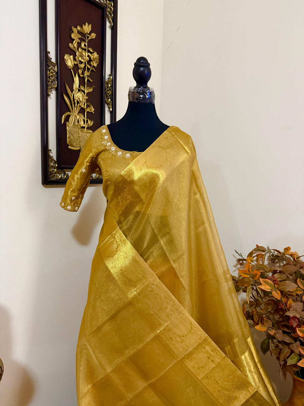 Banarasi double shades golden  tissue saree with self weaving stripes  on all over with beautifully done work blouse fits 32 to 46