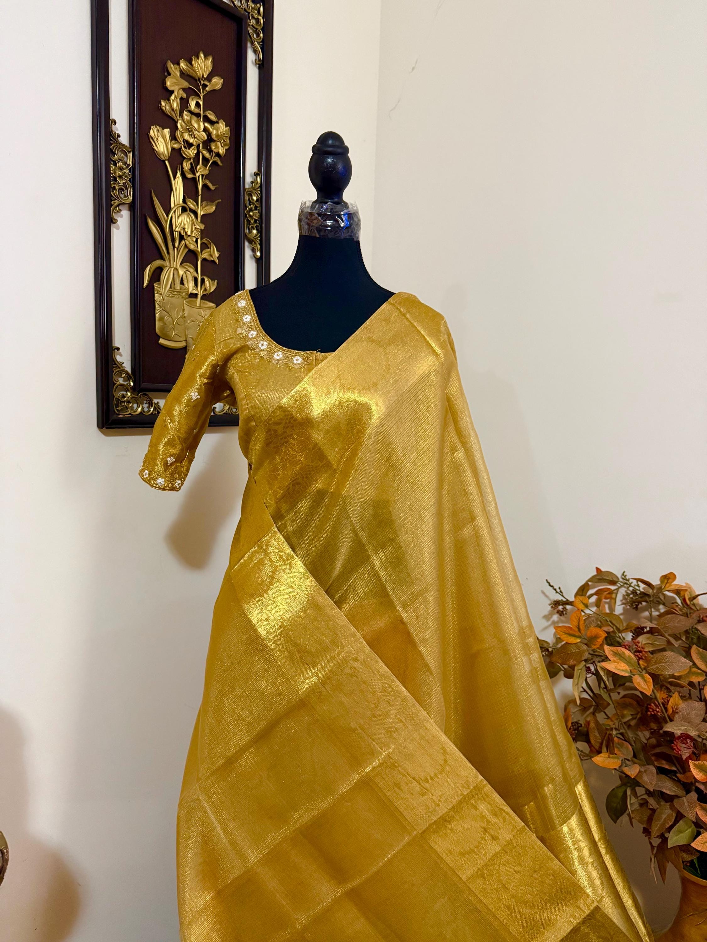 Banarasi double shades golden  tissue saree with self weaving stripes  on all over with beautifully done work blouse fits 32 to 46