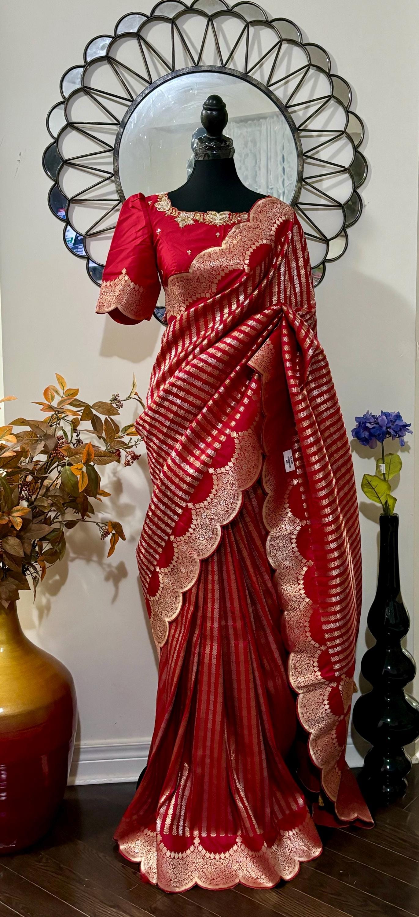 Beautiful Banarasi kataan silk  saree paired up with pretty Maggam work blouse. Blouse sizes can be customized.