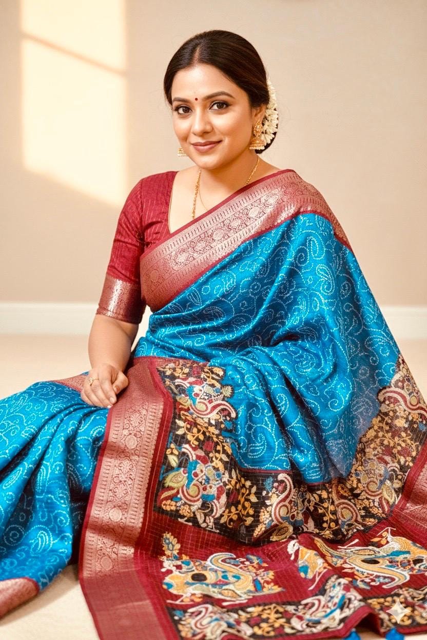 Beautiful Light weight Emarald silk saree  with Kanchi boarder  Bhandini prints ready blouse fits 32 to 46 with beautiful color combo