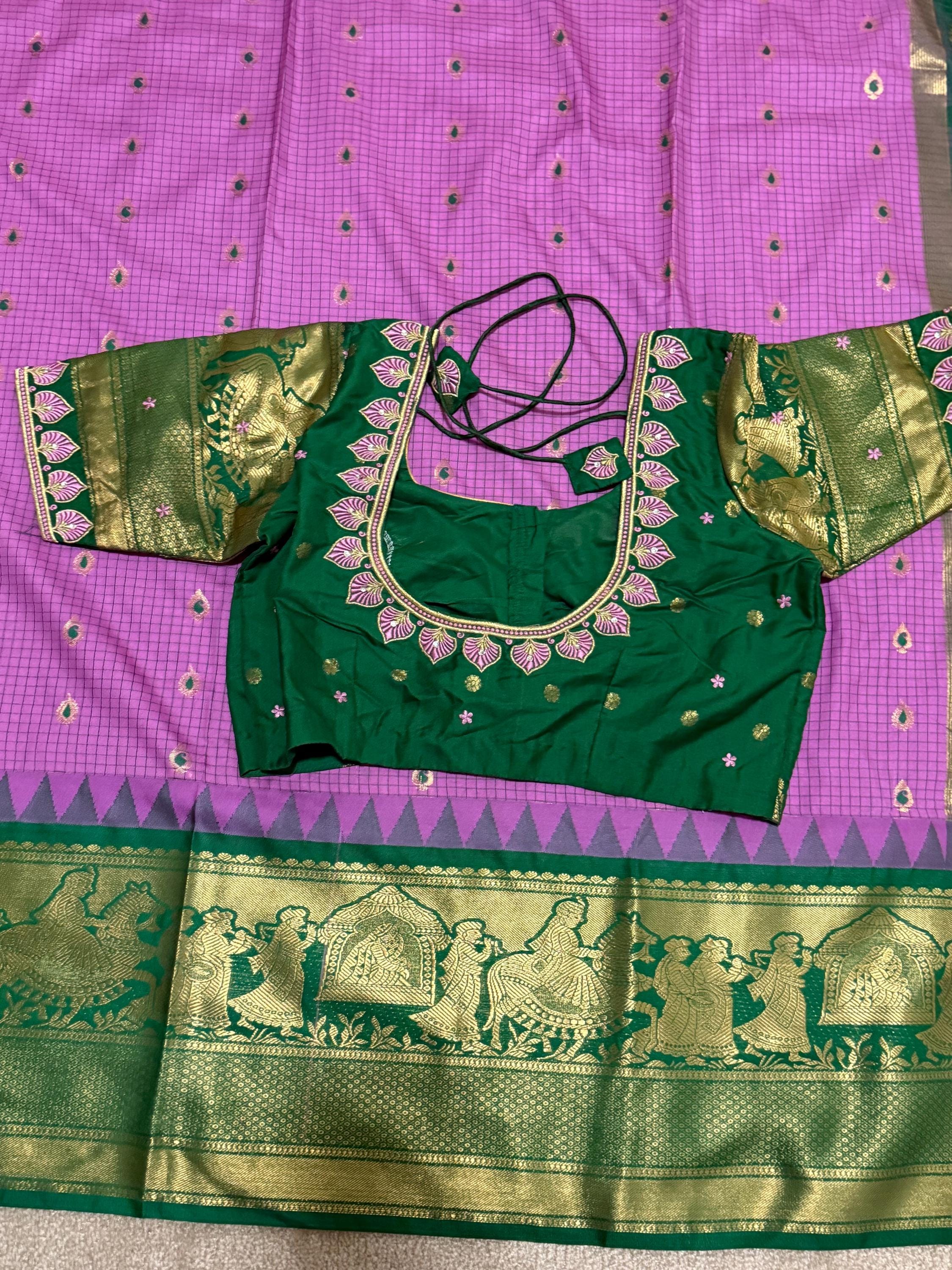 Gadwal Handloom pure silk sarees in rare colors and ready to wear blouse with embroidered blouse fits up to 32 -46 saree is ready fall pico