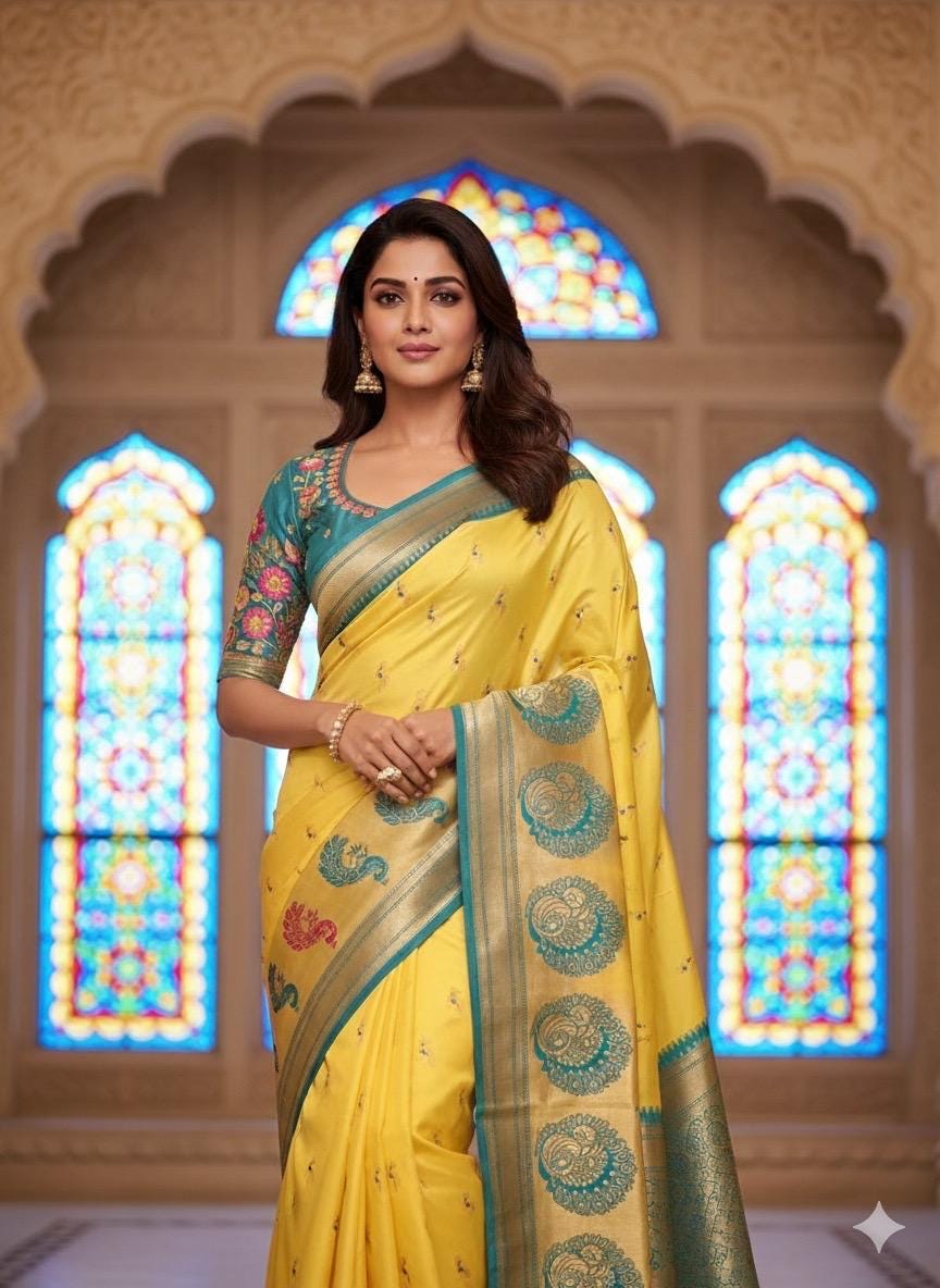 Beautiful pythani pure silk saree with   ready to wear beautiful  work blouse fits up to 32 to 46 Bottle green color, saree is ready to wear