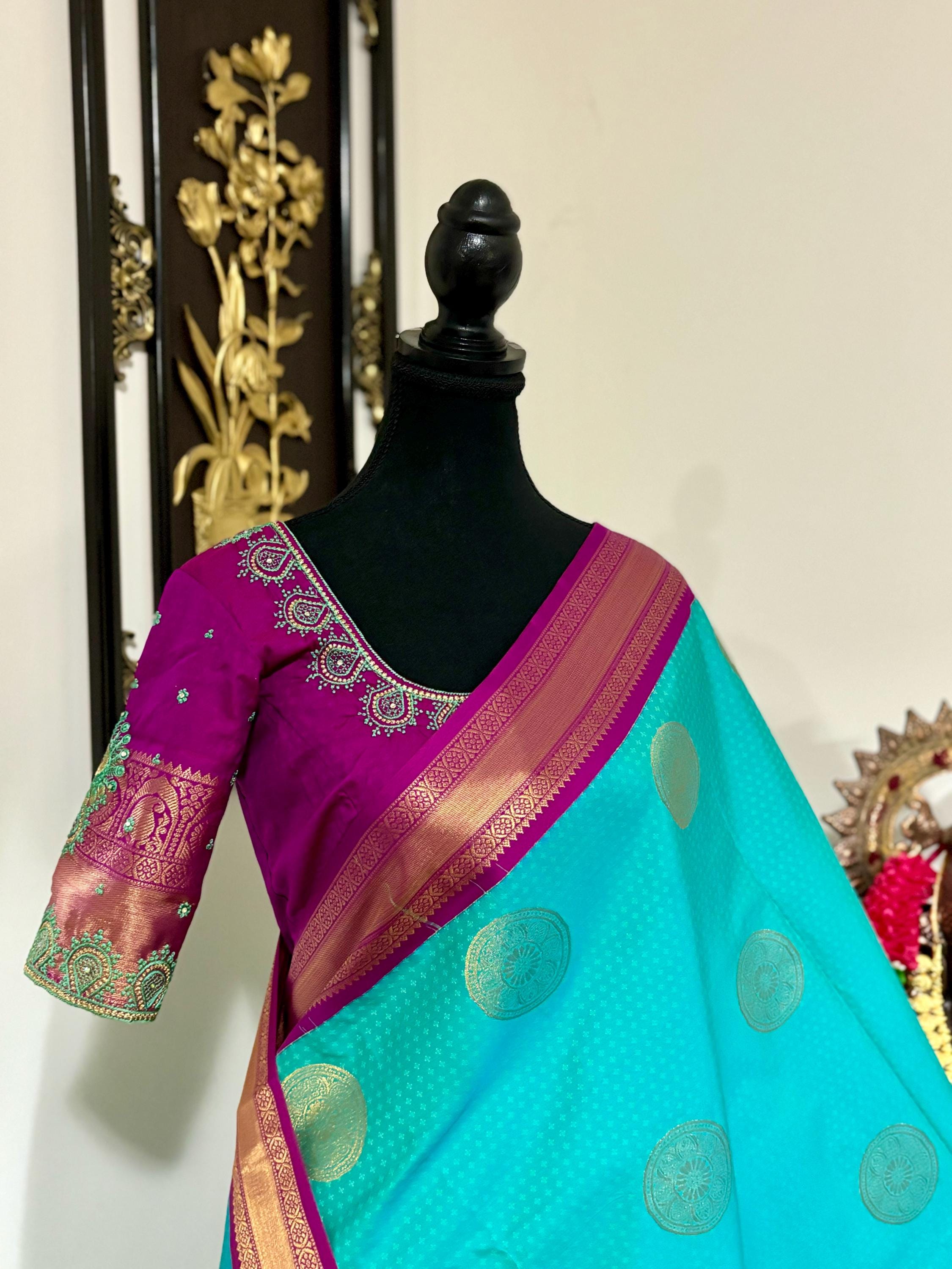 Kanchipuram soft silk saree in rare colors with beautifully done hand  made embroidered blouse with ready to wear work blouse fits 32 to 46