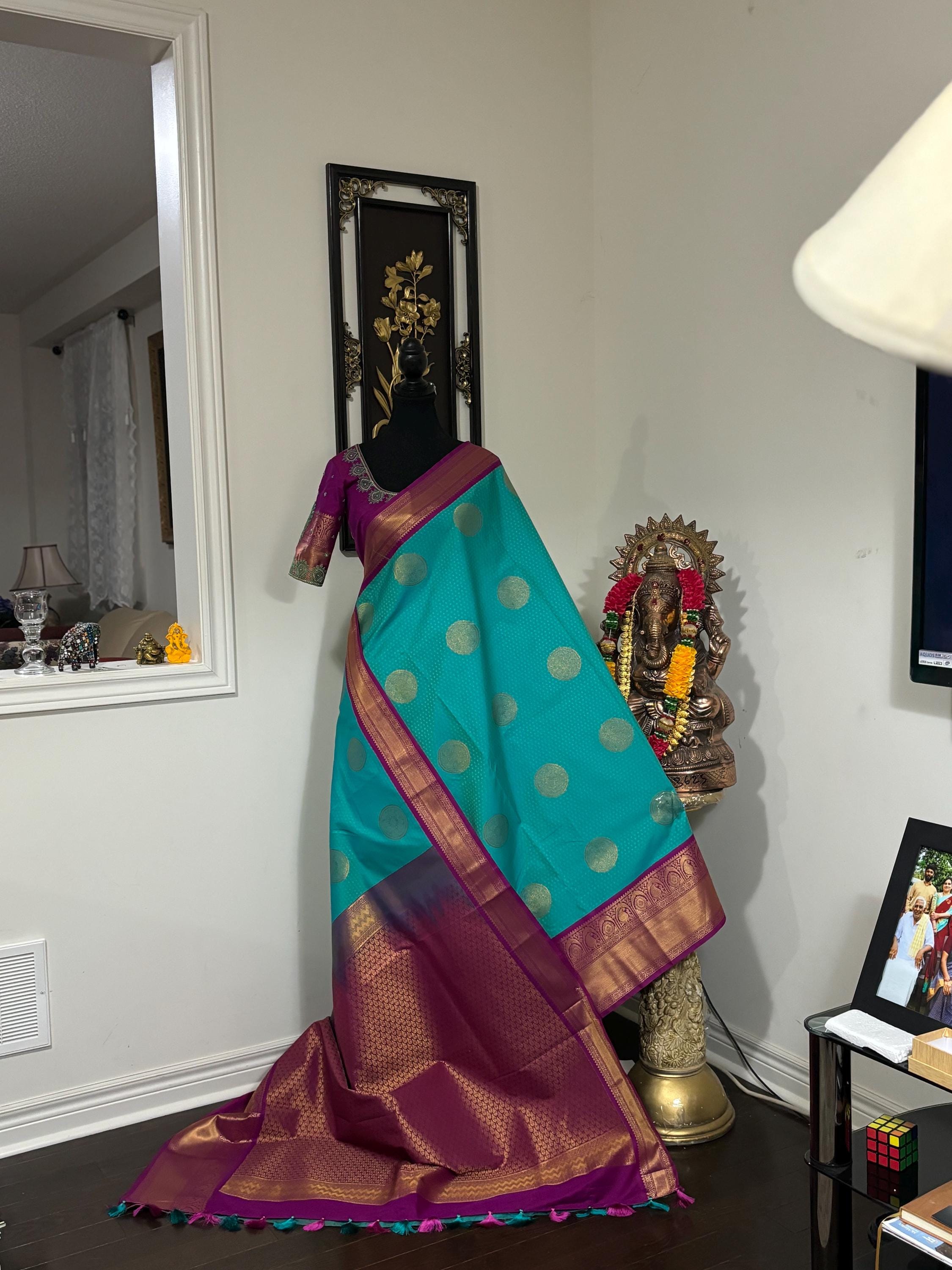 Kanchipuram soft silk saree in rare colors with beautifully done hand  made embroidered blouse with ready to wear work blouse fits 32 to 46
