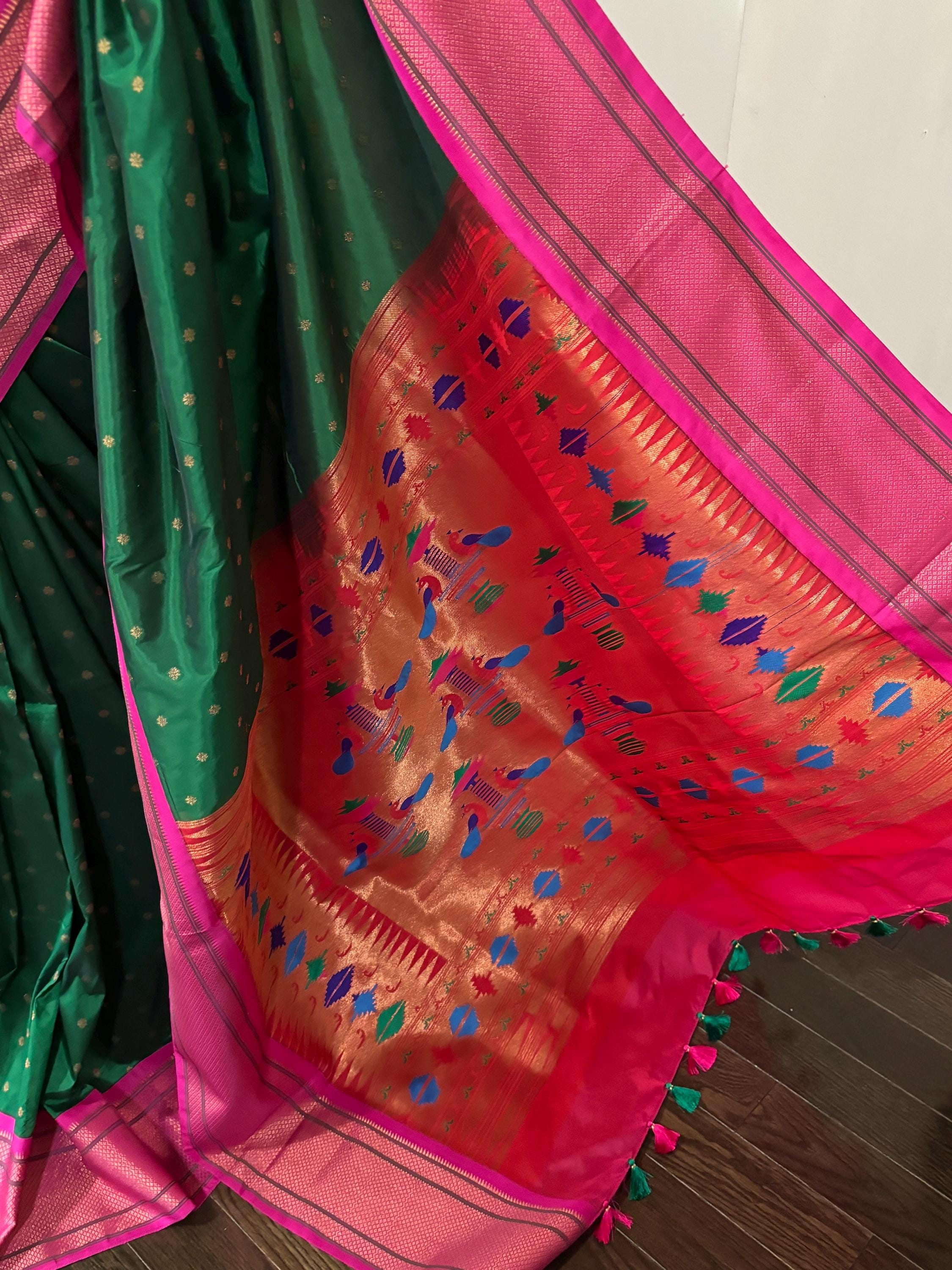 Beautiful pythani pure silk saree with   ready to wear beautiful  work blouse fits up to 32 to 46  purple  color, saree is ready to wear