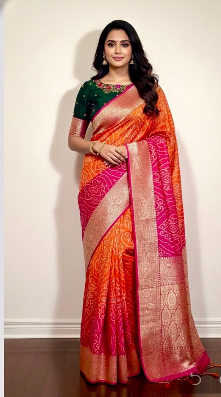 Beautiful cocktail dual shade banarasi  bandhini silk saree paired up pretty maggam blouse fits  sizes 32 -46 ready to wear prettiest blouse