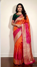 Beautiful cocktail dual shade banarasi  bandhini silk saree paired up pretty maggam blouse fits  sizes 32 -46 ready to wear prettiest blouse