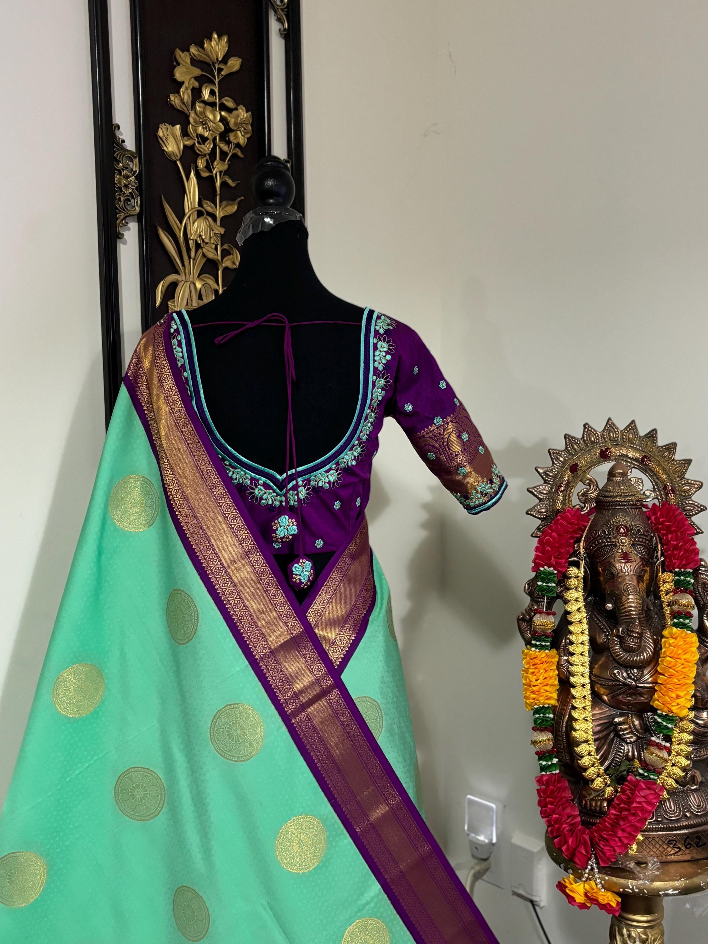 Kanchipuram soft silk saree in rare colors with beautifully done hand  made embroidered blouse with ready to wear work blouse fits 32 to 46