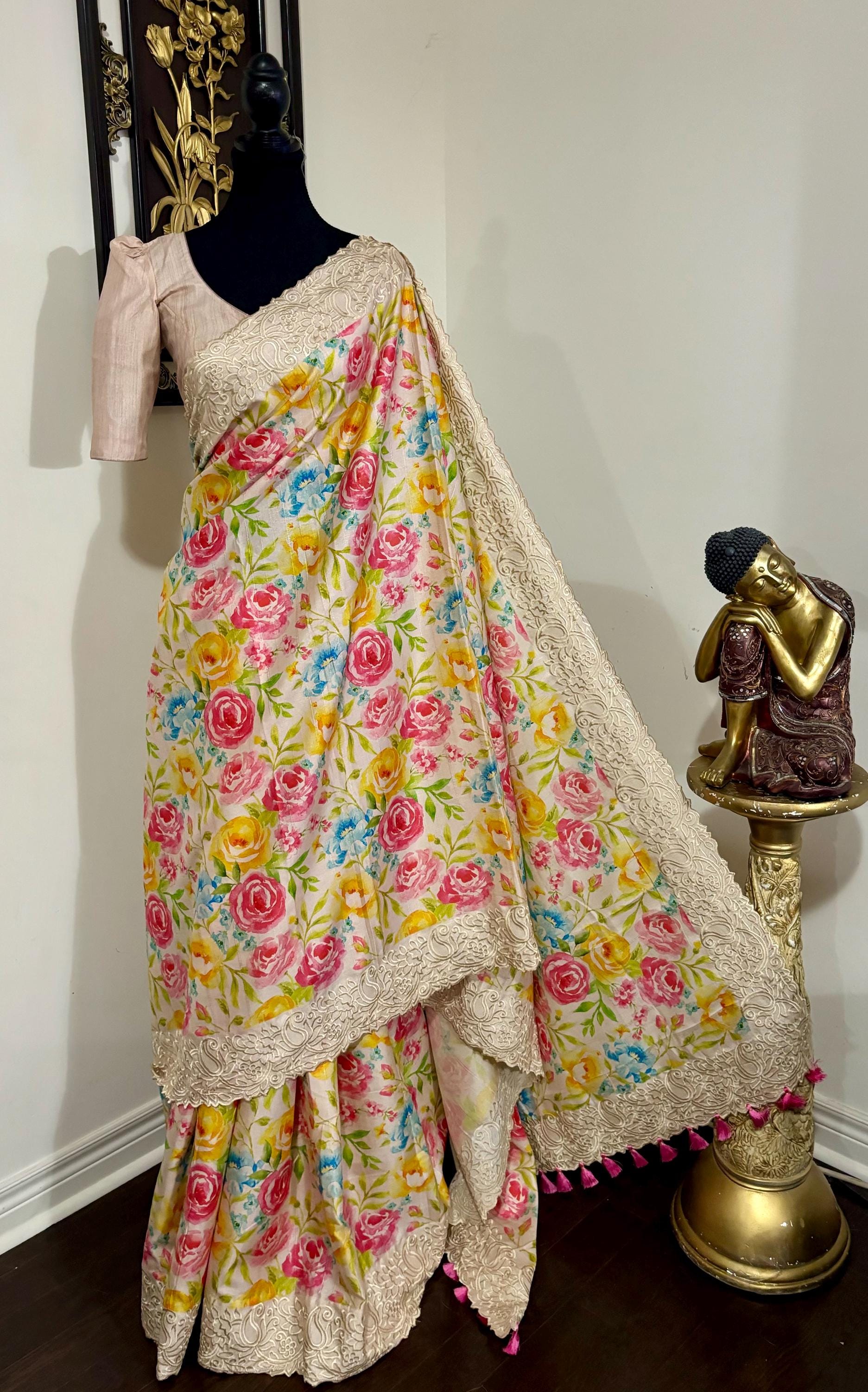 Light weight easy to drape Soft Silk fancy Saree; with beautiful pythani boarder, with Pochampalli design ready to wear Blouse fits 32-46