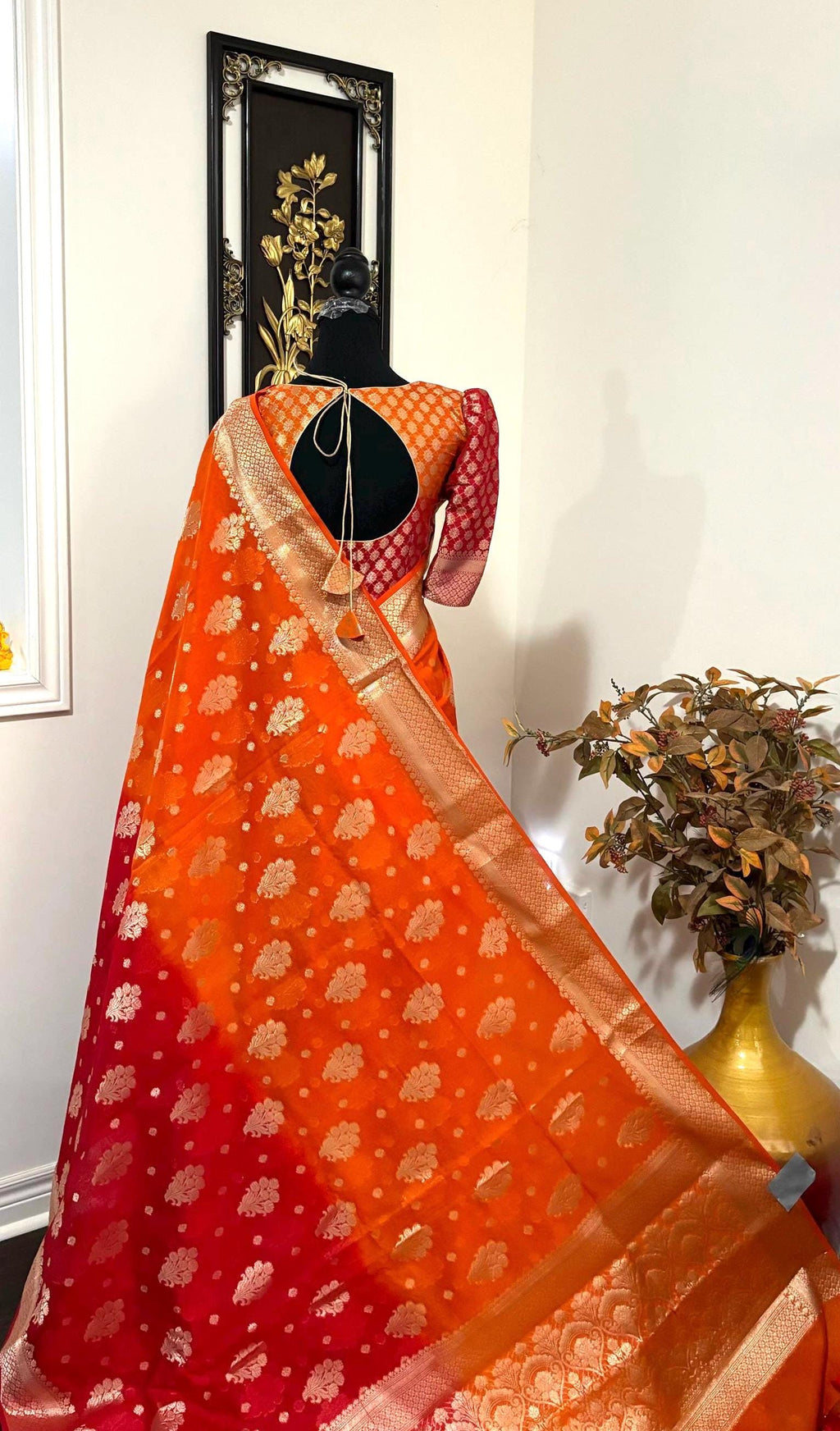 Banarasi dual shade handloom khadi georgette silk saree all over beautiful waterzariweavingbeautifulcombinations,orange and red readyblouse