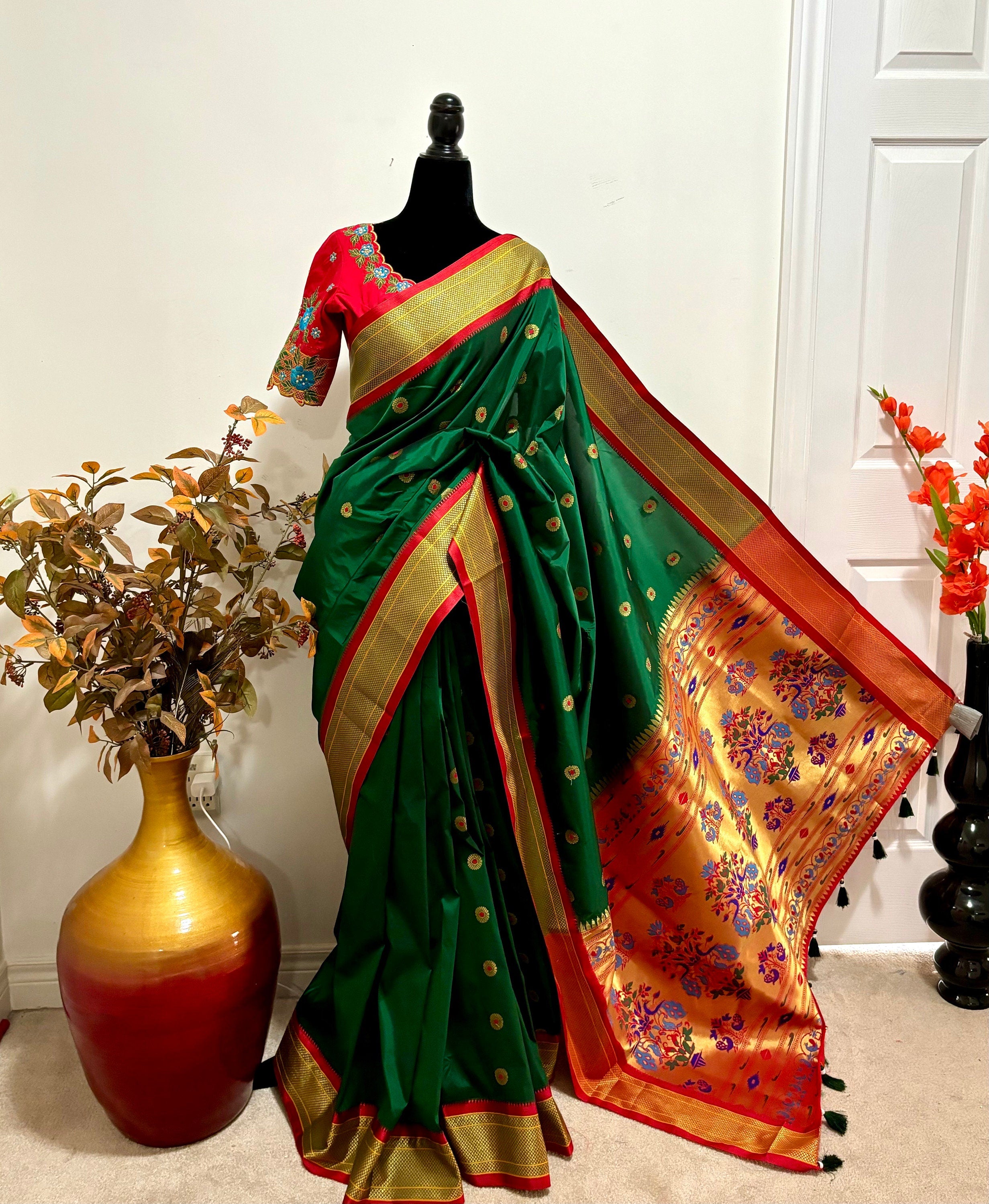 Beautiful pythani pure silk saree with   ready to wear beautiful  work blouse fits up to 32 to 46 Bottle green color, saree is ready to wear
