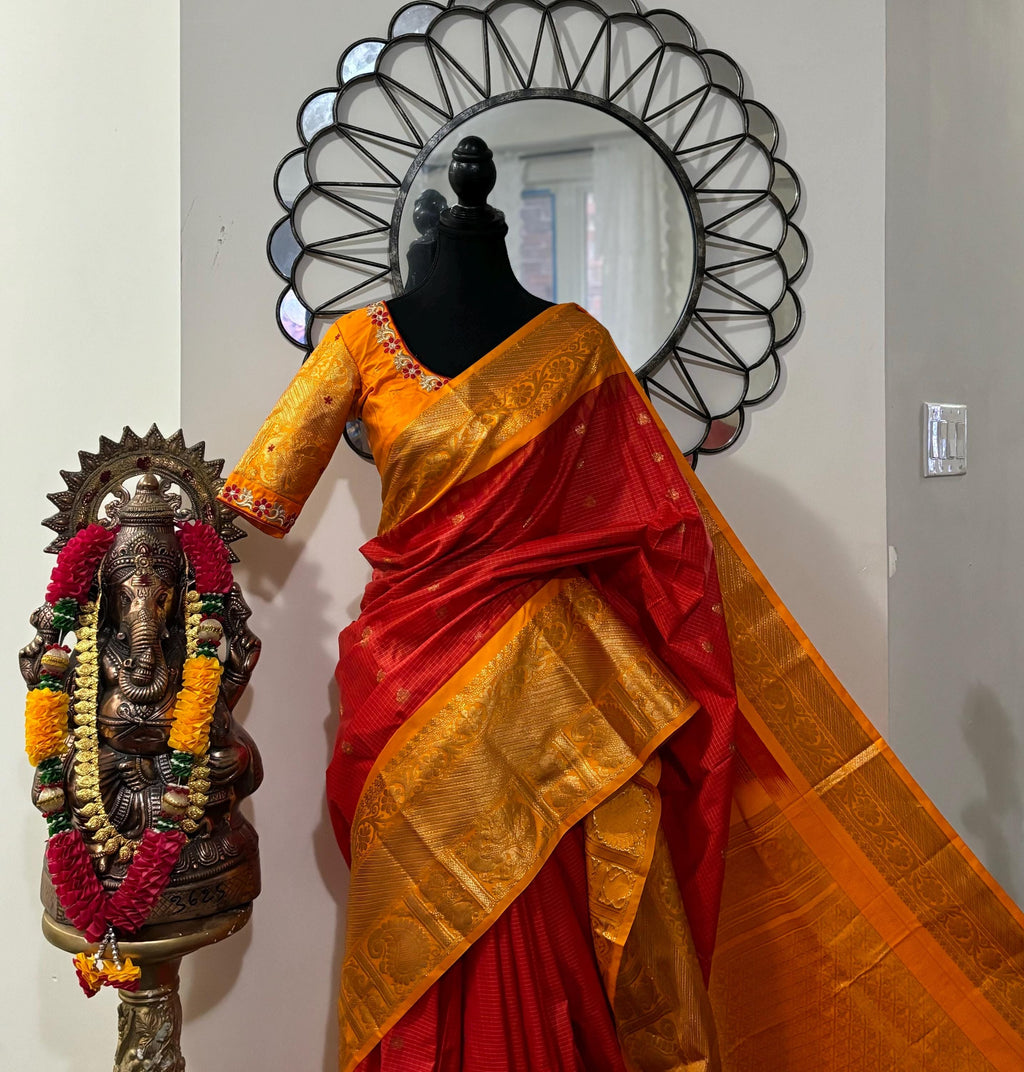 Gadwal Handloom pure silk sarees in Orange/yellow, ready to wear blouse with embroidered blouse fits up to 32 -46 saree is ready fall pico