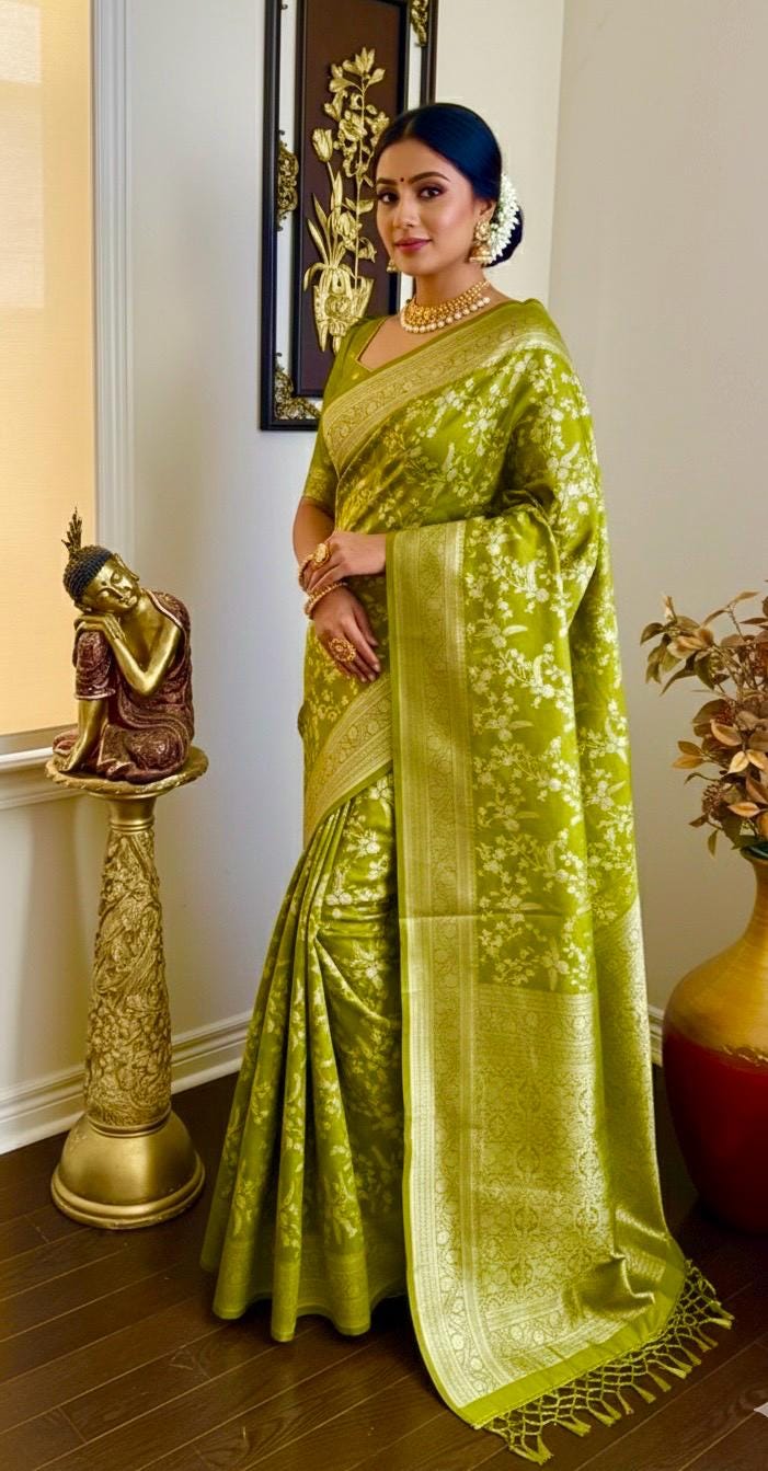 Beautiful banarasi saree with silver Zari weaving all over the saree paired up with pretty ready to wear  blouse that fits to 32 to 46