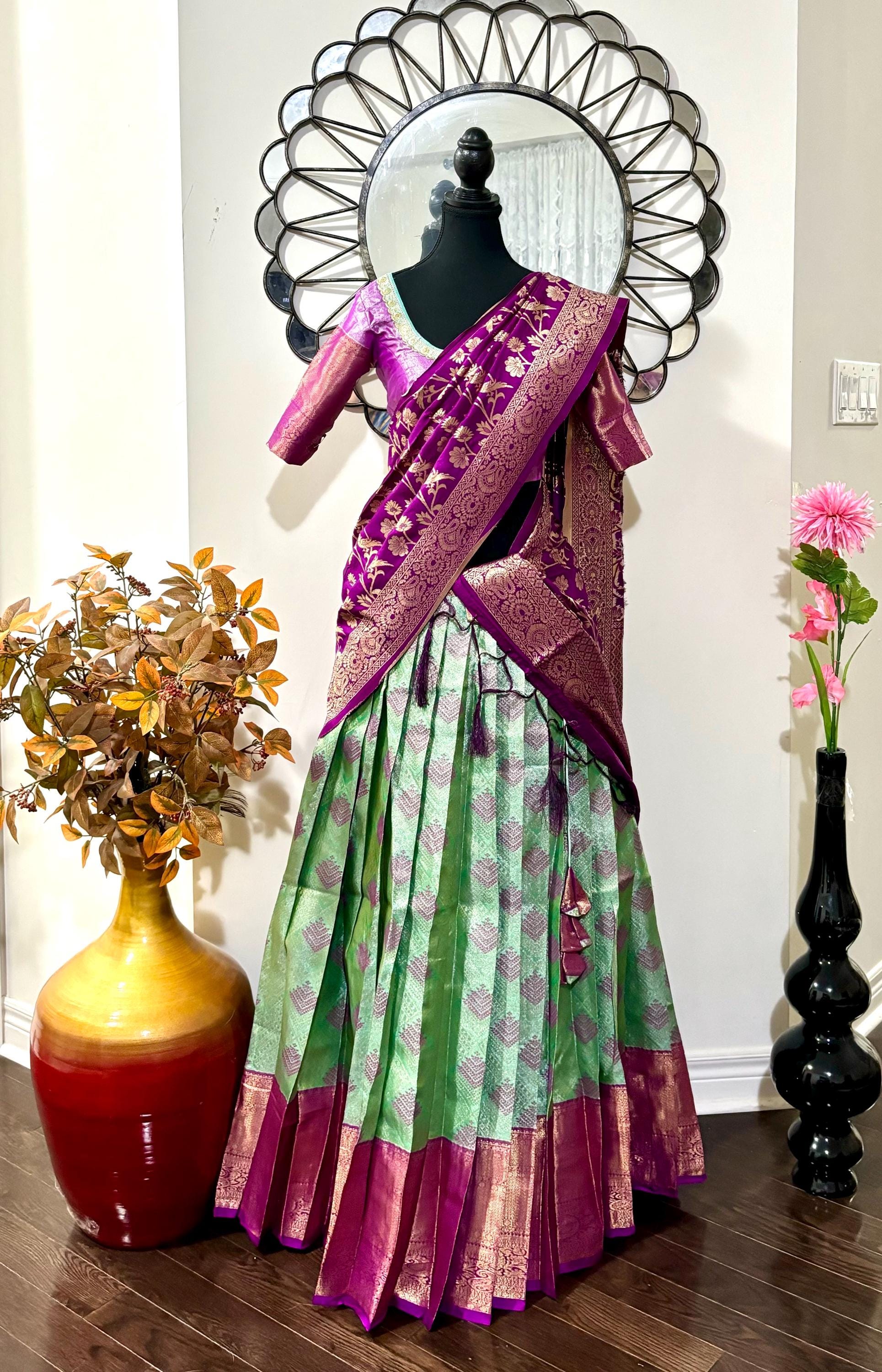 Beautiful colors Kanchi pattu Lihanga with beautiful Kanchi boarder is made of Handloom cloths ready with ready to wear blouse sizes 32 - 48