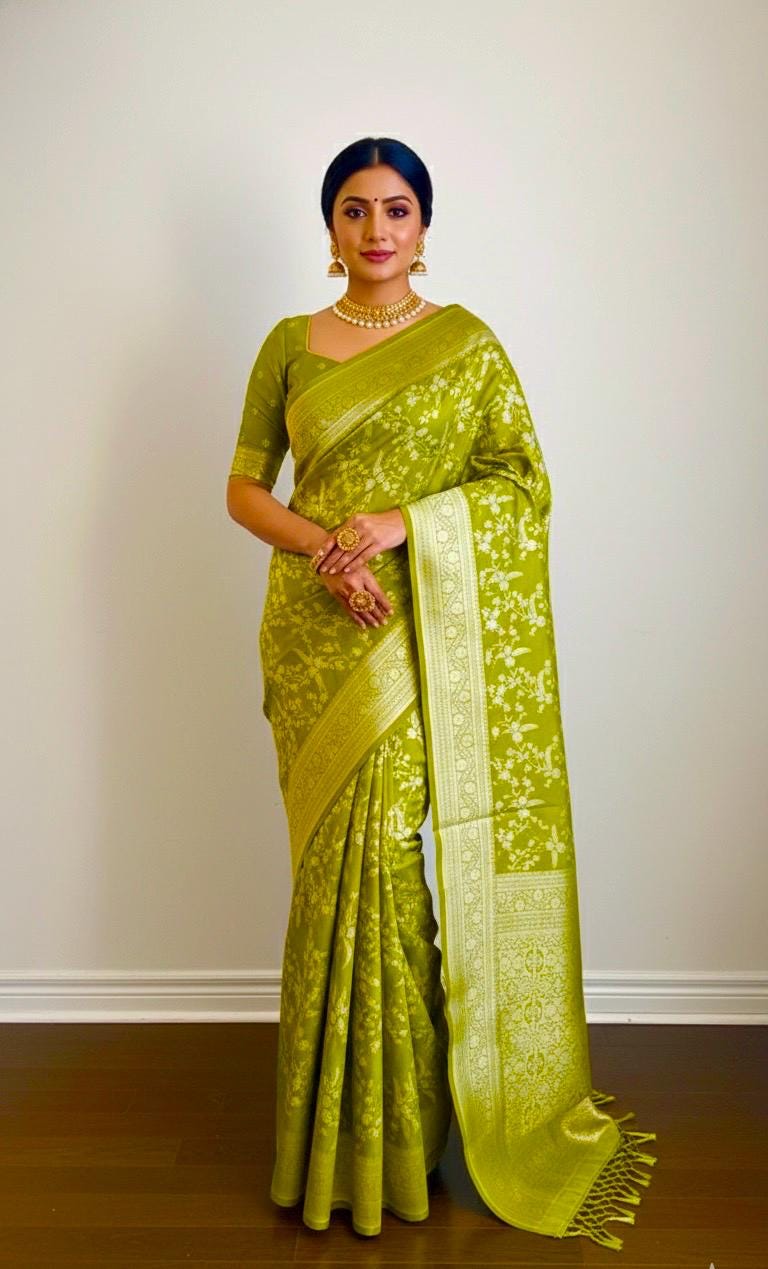 Beautiful banarasi saree with silver Zari weaving all over the saree paired up with pretty ready to wear  blouse that fits to 32 to 46