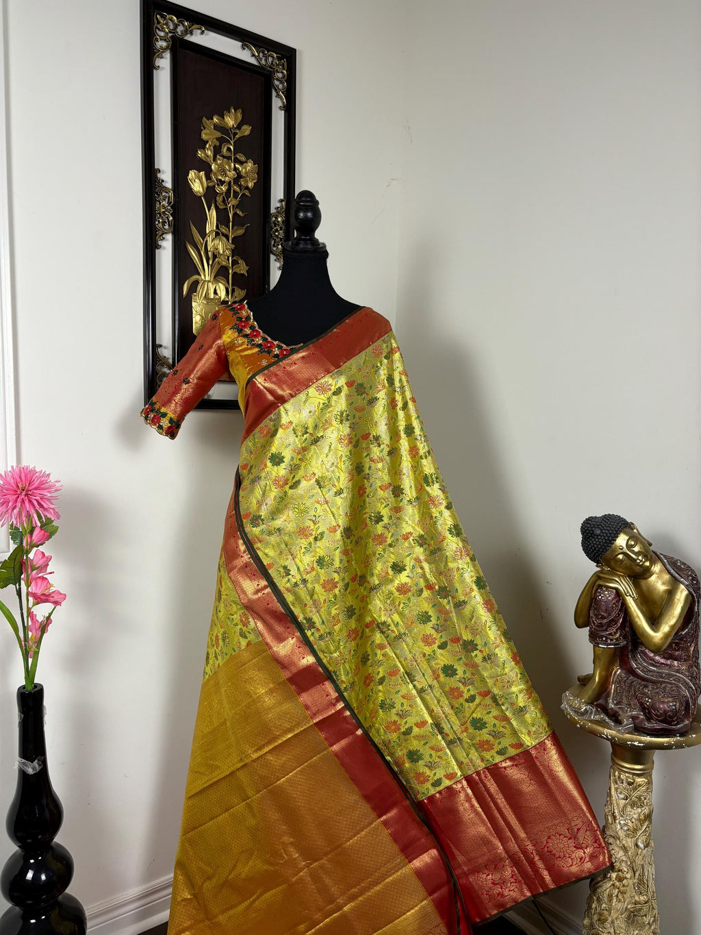Kanchipuram tissu silk saree in rare colors with beautifully done hand  made embroidered blouse with ready to wear work blouse fits 32 to 46