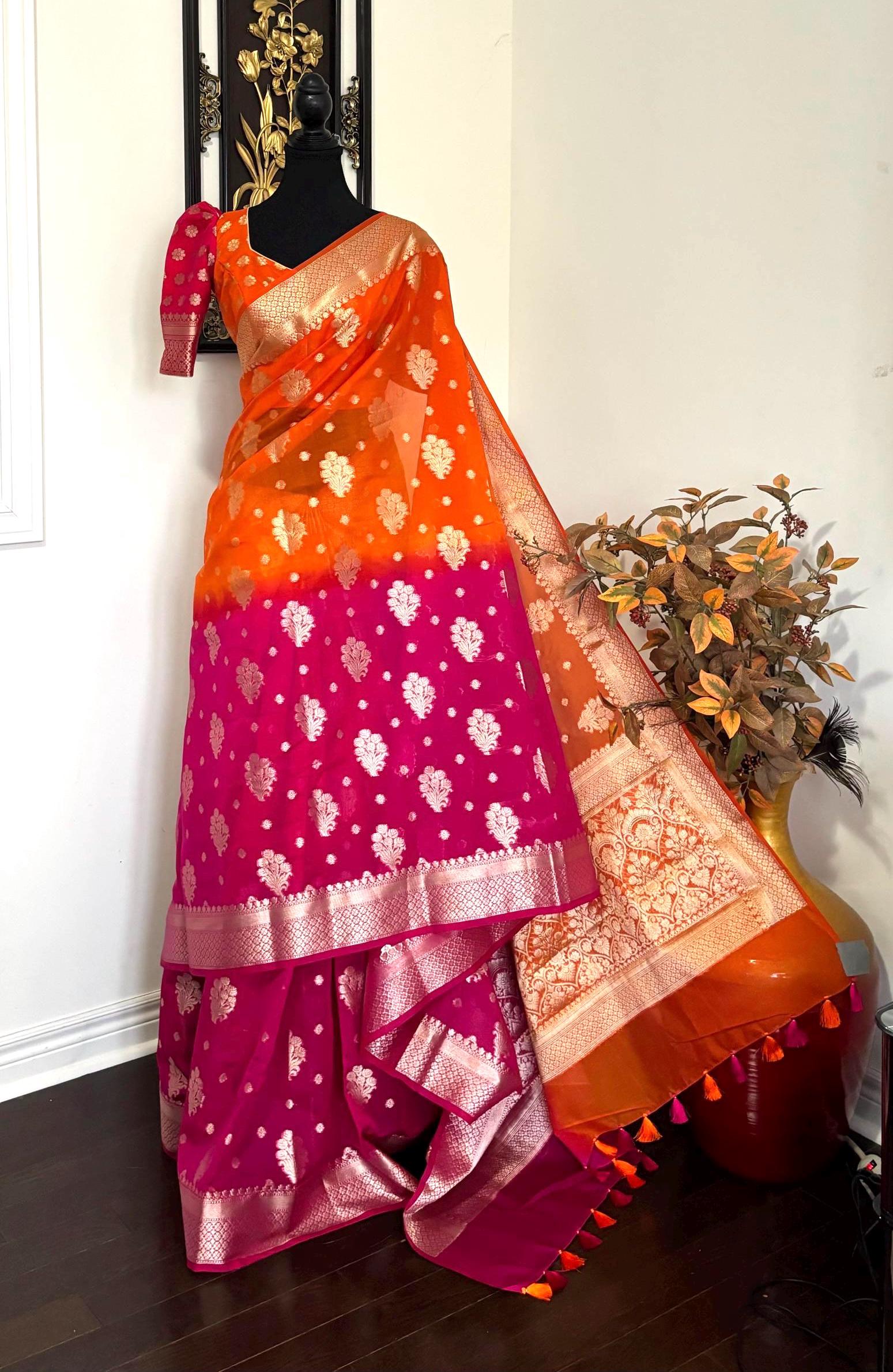 Beautiful Banarasi Dual shade  handloom khadi georgette silk saree all over beautiful water zari weaving work all over  32-46 Ready Blouse