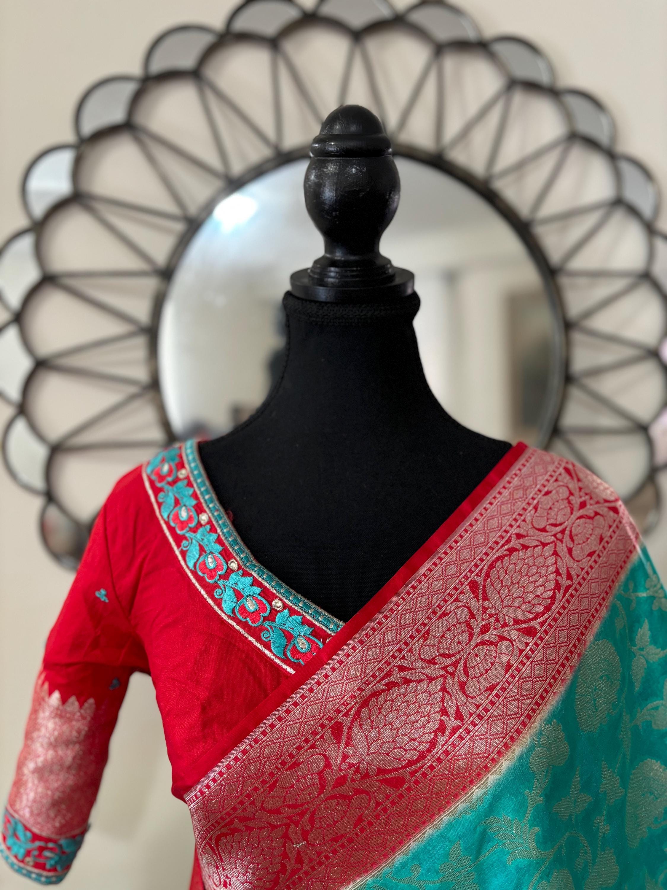 Beautiful banarasi silk saree paired up with beautiful embroidery blouse fits to 32 to 46 in beautiful rare colors all over jaal. Cocktails