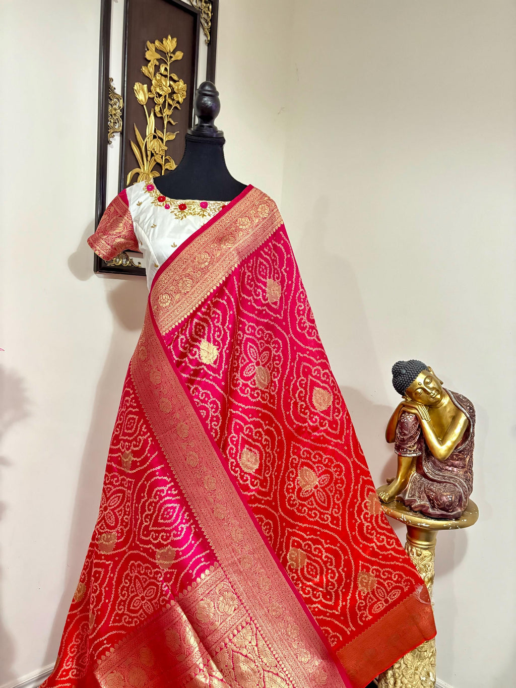 Beautiful cocktail dual shade banarasi  bandhini silk saree paired up pretty maggam blouse fits  sizes 32 -46 ready to wear prettiest blouse