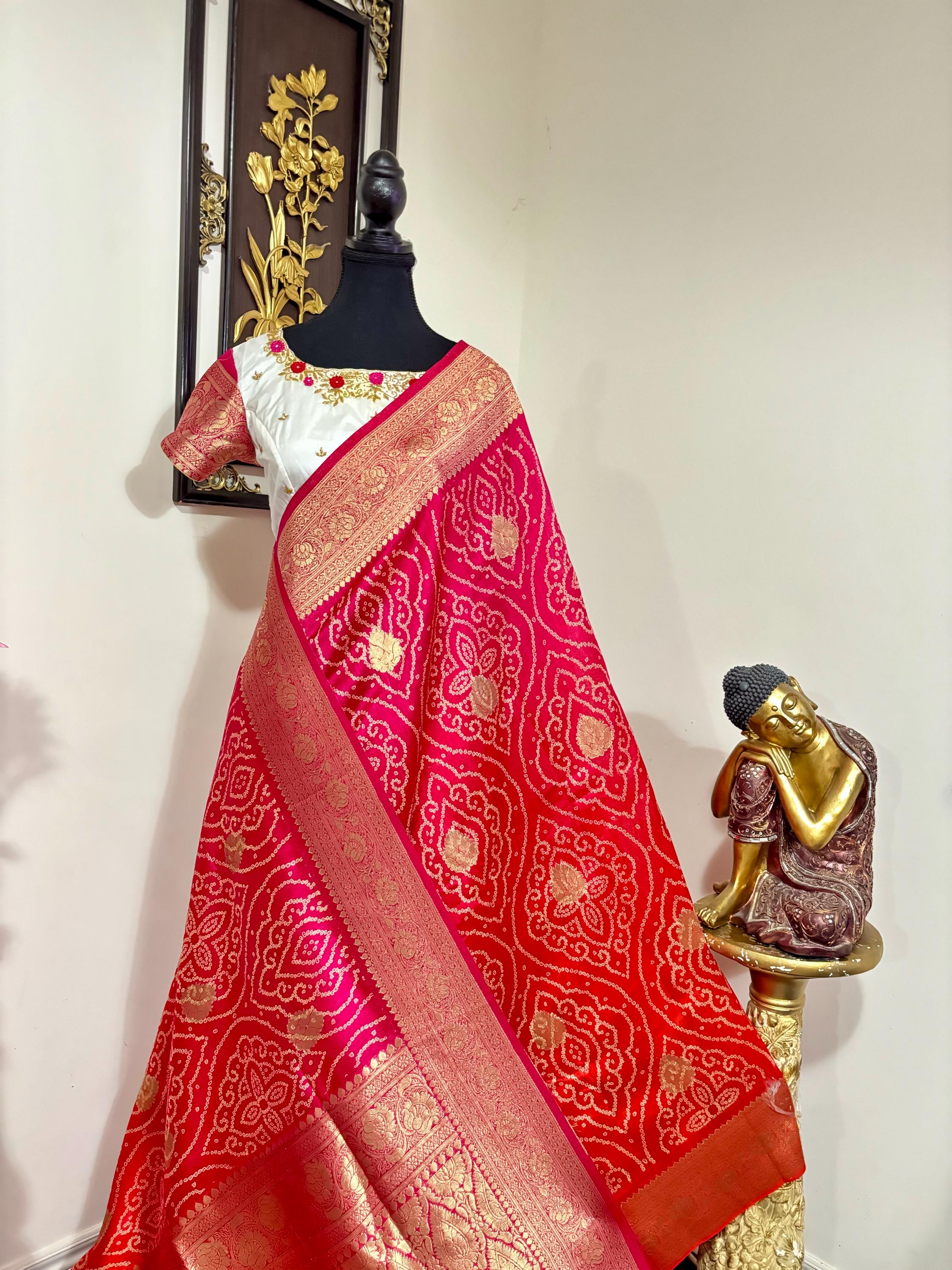Beautiful cocktail dual shade banarasi  bandhini silk saree paired up pretty maggam blouse fits  sizes 32 -46 ready to wear prettiest blouse