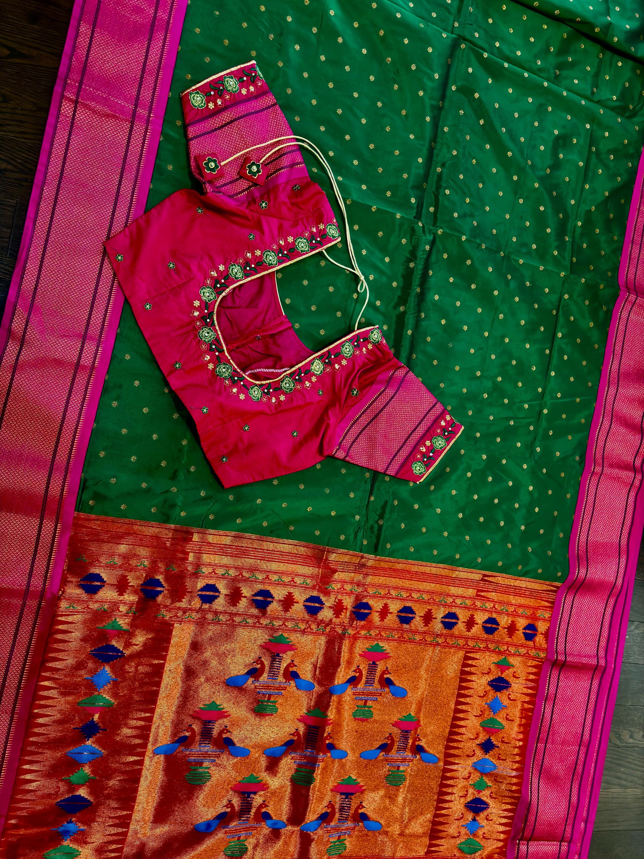 Beautiful pythani pure silk saree with   ready to wear beautiful  work blouse fits up to 32 to 46  purple  color, saree is ready to wear