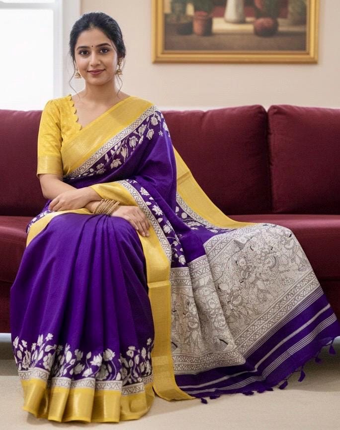 Light weight easy to drape Soft Silk fancy Saree; with beautiful Kanchi boarder , with Kalamkari design ready to wear Blouse fits 32-46
